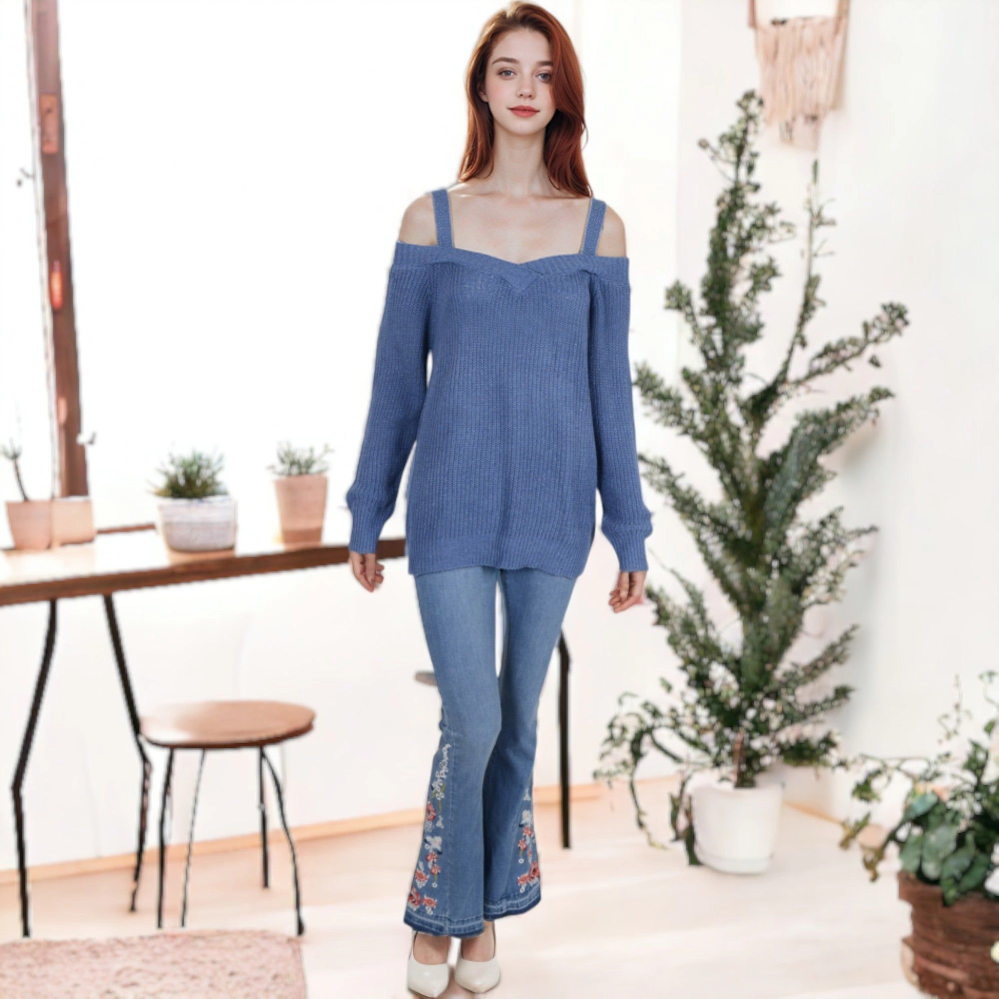 Anna-Kaci Women's Cold Shoulder Knit Pullover Sweater