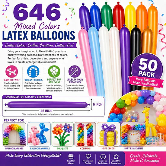 LoonBalloon 646 Oversized Modeling Balloons - 6 in x 46 in, 50-Pack ...