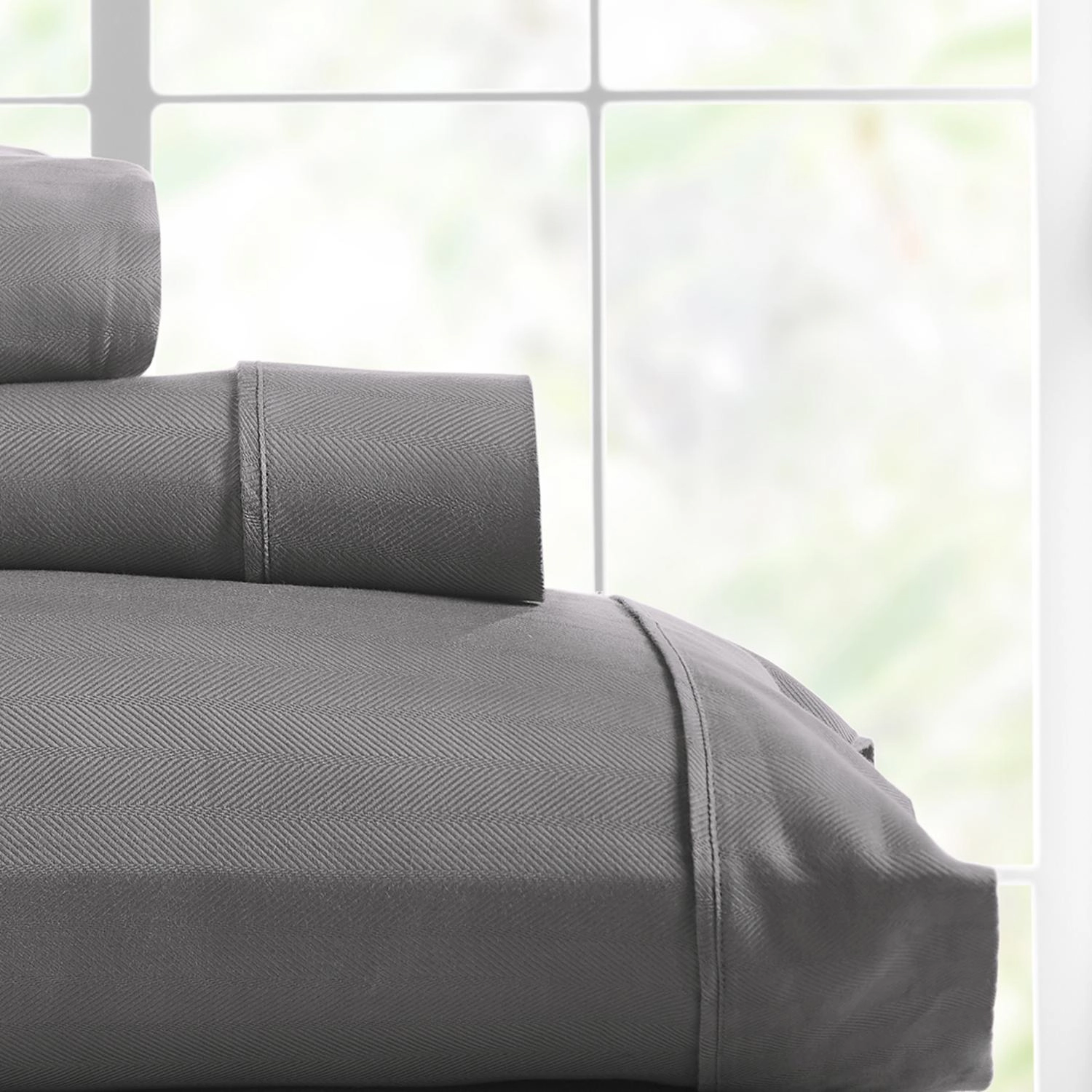 Knightsbridge 600 Thread Count Jacquard Herringbone Sheet - 4 Piece Set - Queen, Gray