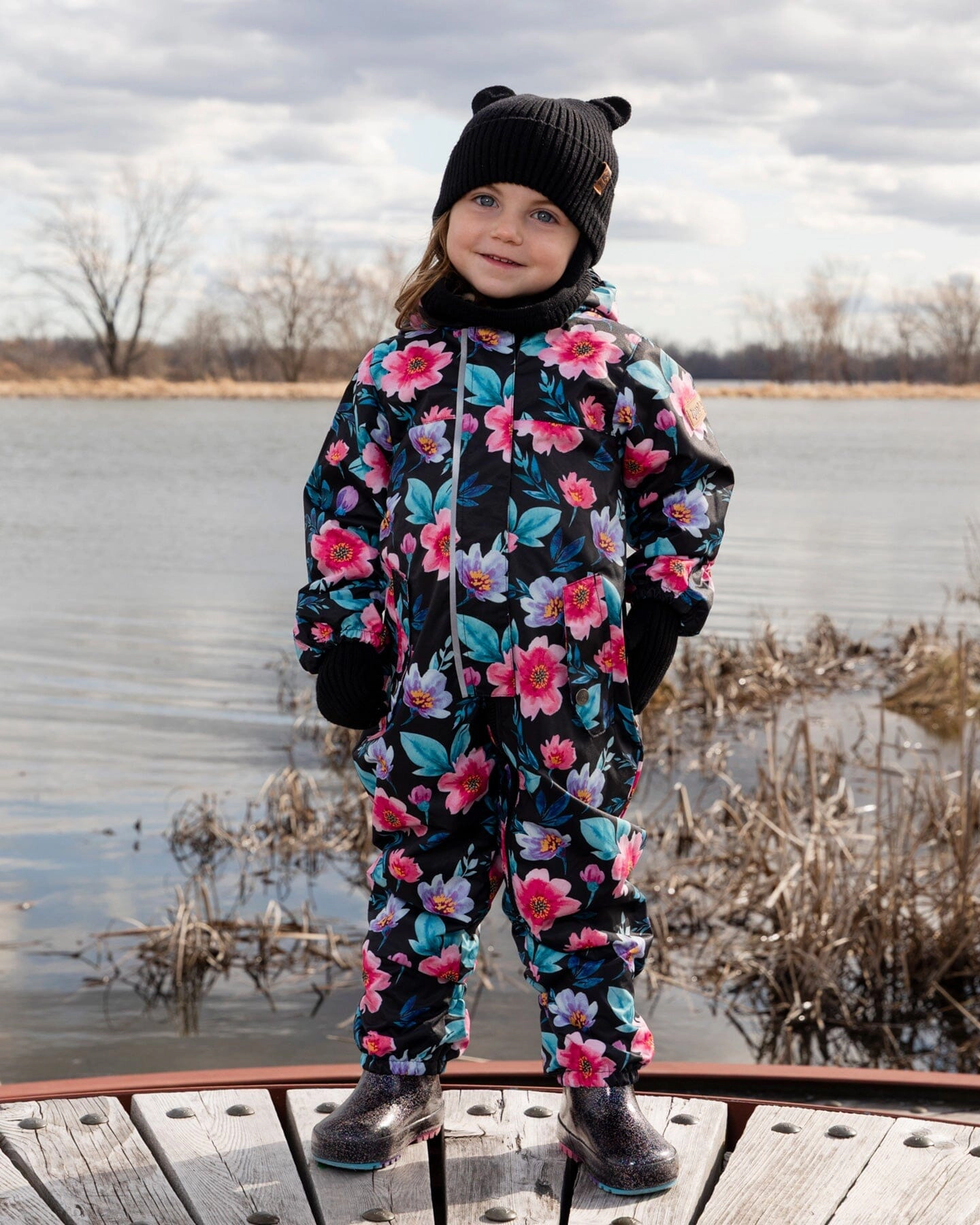 Deux par Deux Girls Mid-Season One-Piece Outerwear with Hat Printed Flowers
