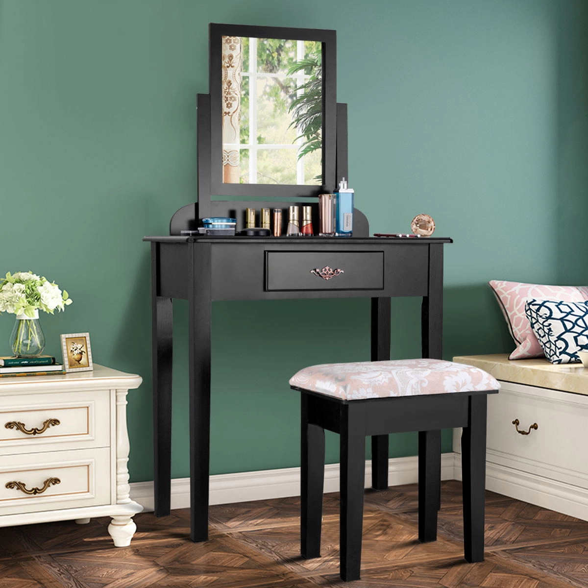 Hivvago Vanity Dressing Table Stool Set With Large Makeup Mirror