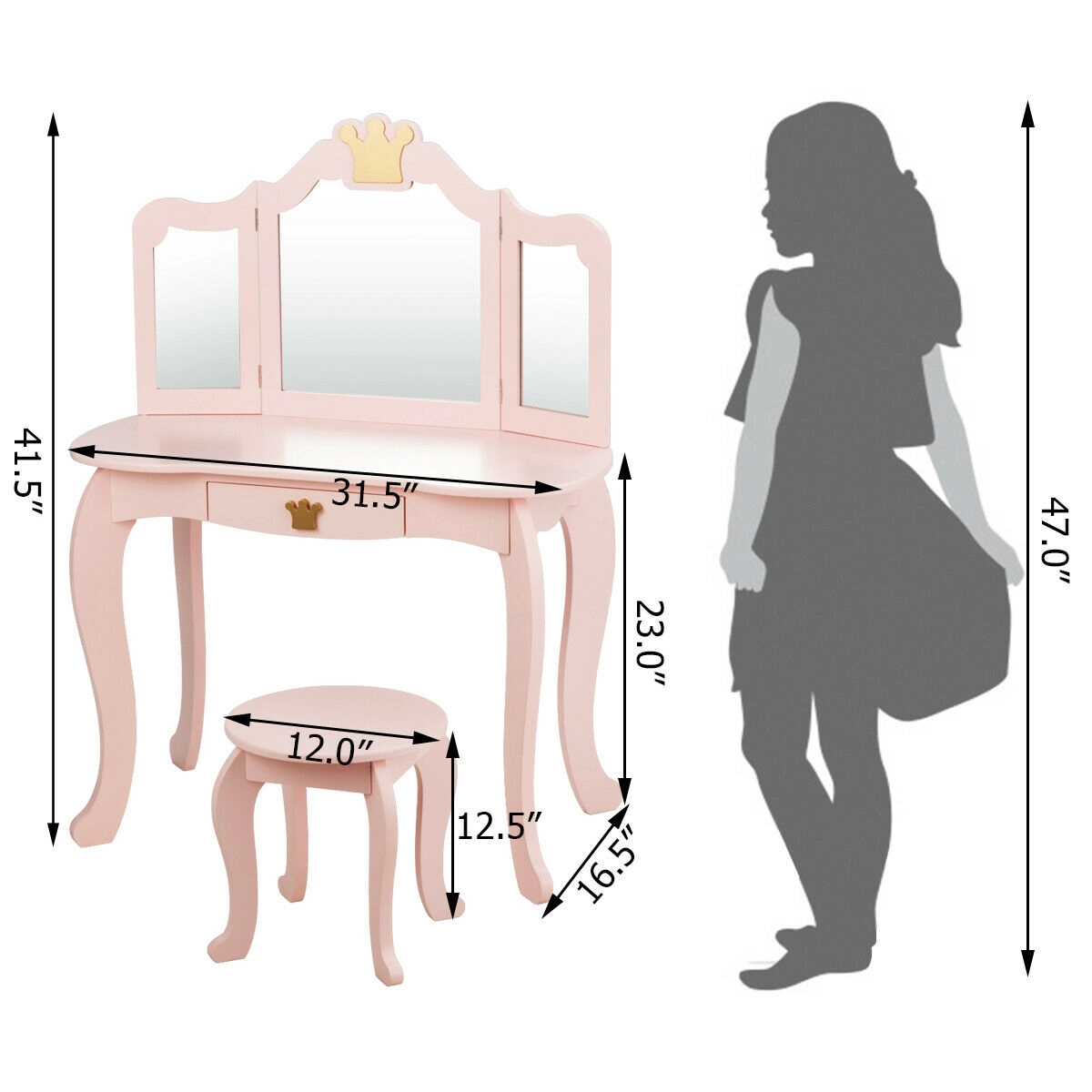 SUGIFT Kids Makeup Dressing Table Vanity with Tri-folding Mirror and Stool 33-lb Table 66-lb Stool Capacity Pink/White
