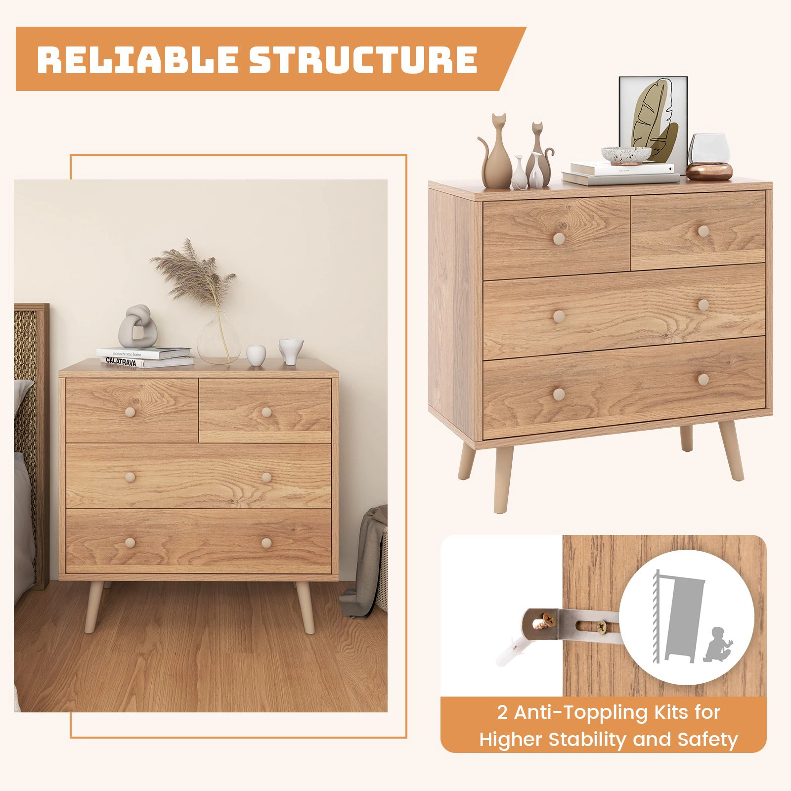 SlickBlue 4-Drawer Wood Dresser with Spacious Top and Metal Glides