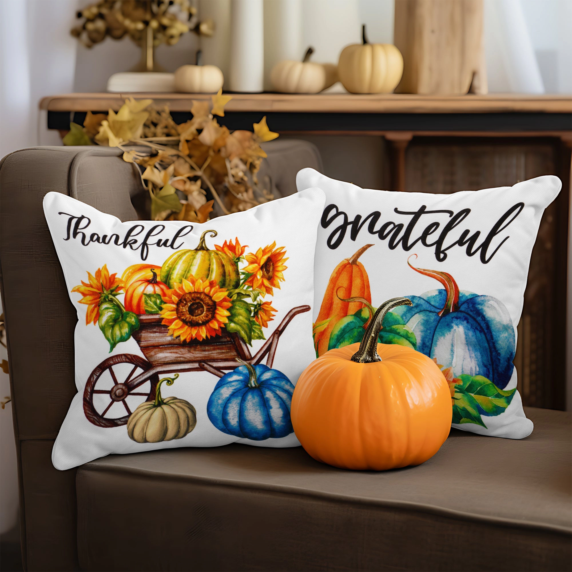 G128 Seasonal Pumpkin Thankful Decorative Throw Pillow Covers