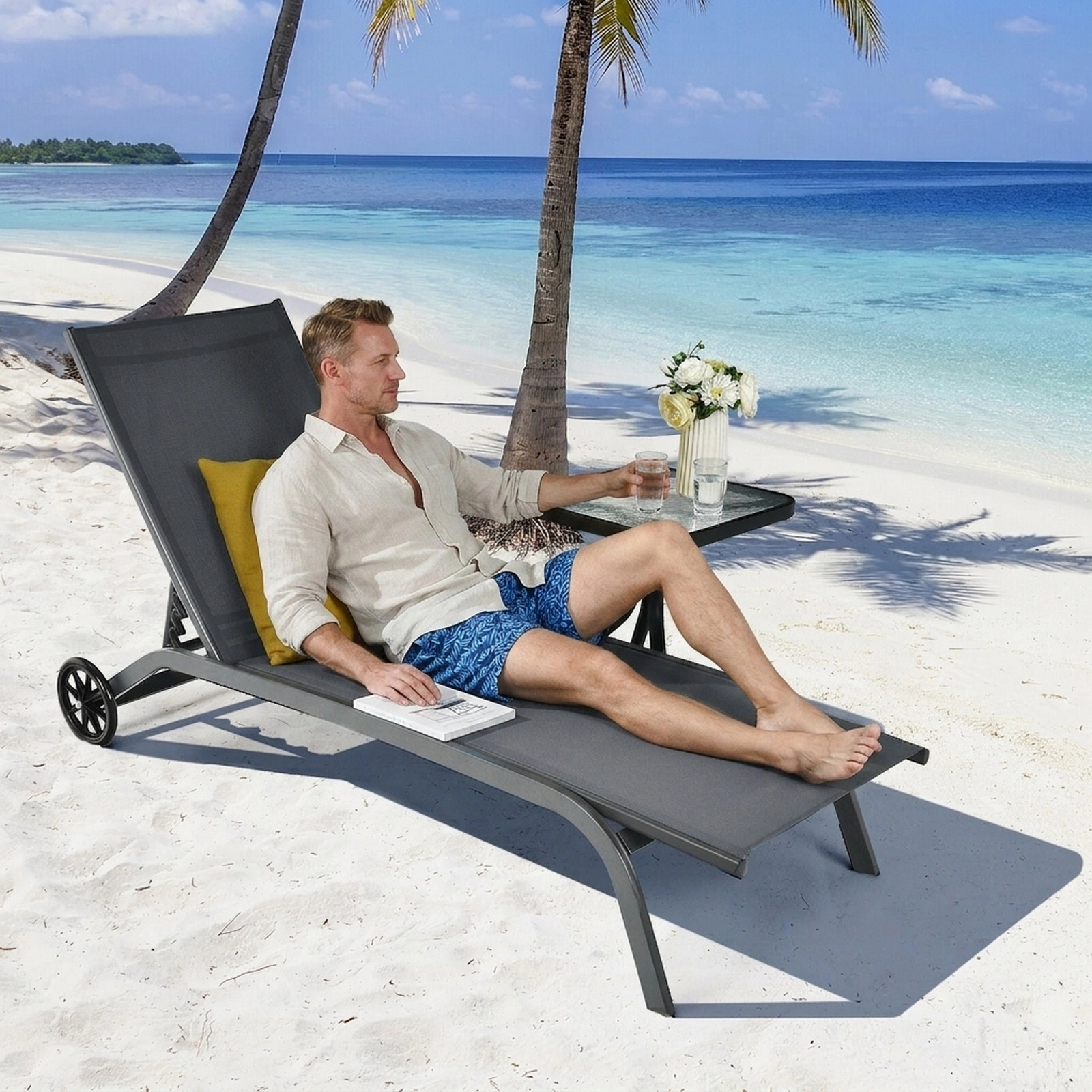 SUGIFT 6-Position Outdoor Chaise Recliner, Gray, Wheels, Quick-Drying Fabric, Steel Frame