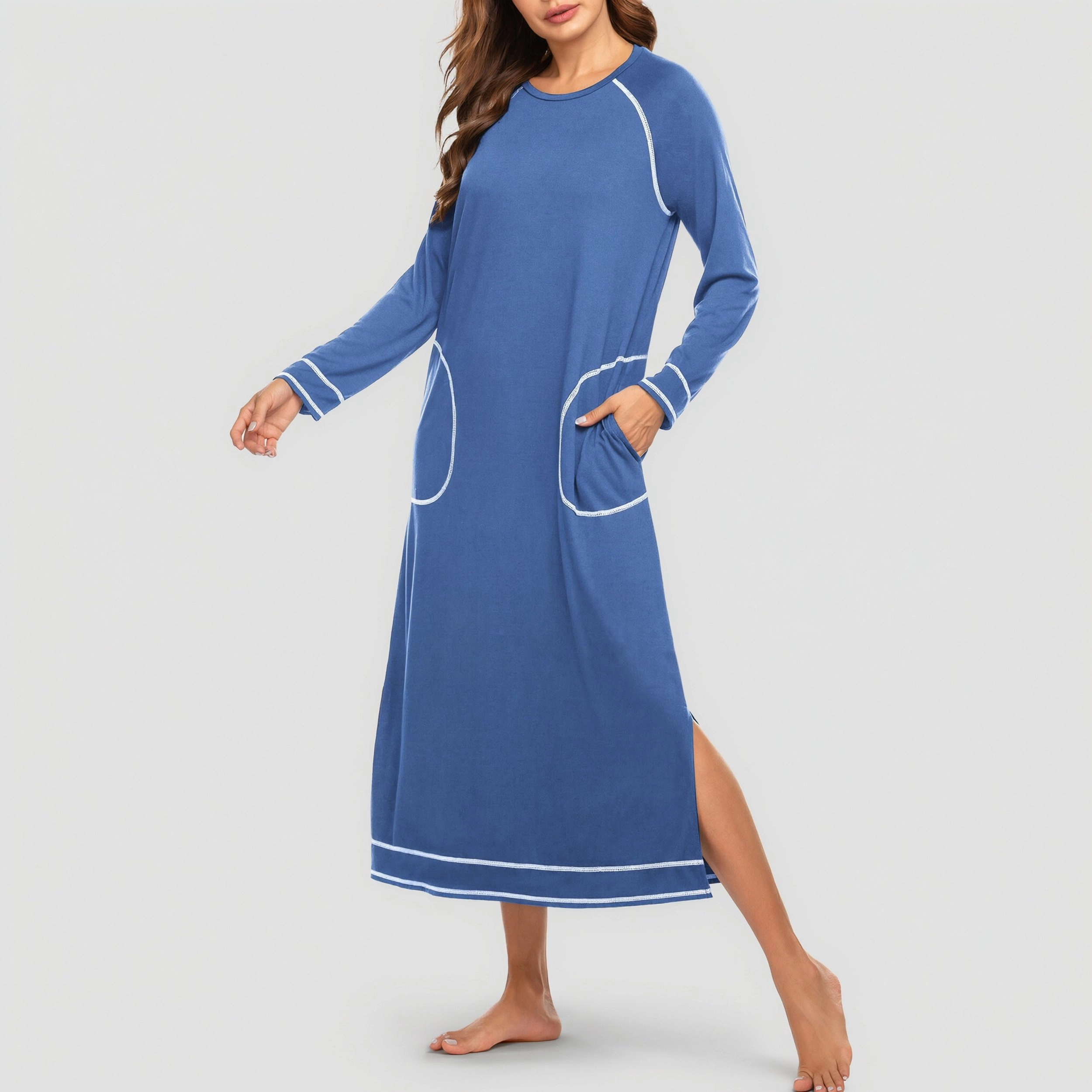 Ekouaer Women's Nightshirt Long Sleeve Nightgown Round Neck Sleepwear Full Length Pajama Dress