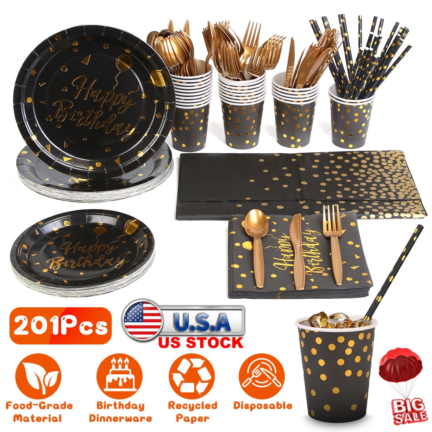 GBruno Black Gold Birthday Party Supplies Set