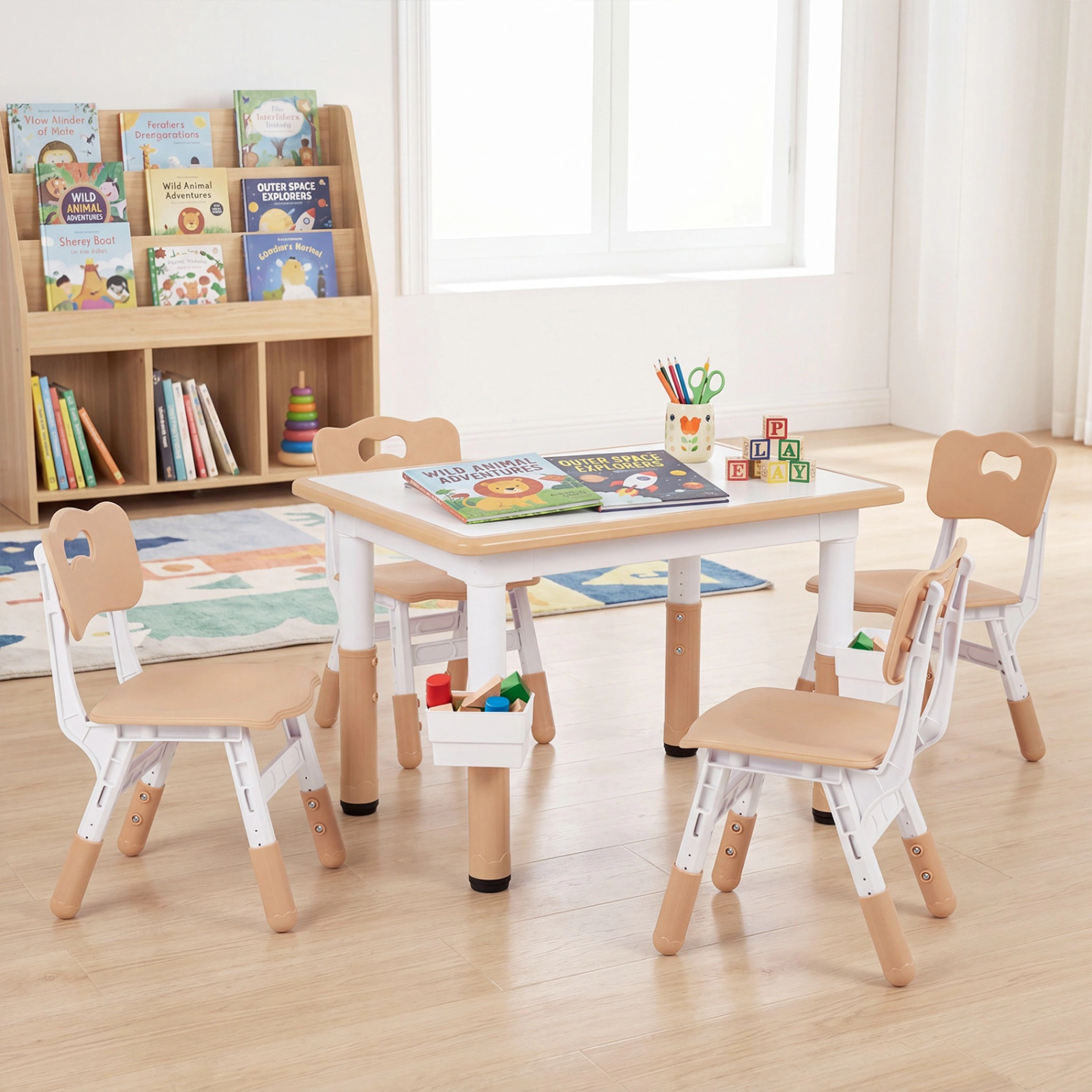 SUGIFT Height Adjustable Kids Table & Chairs Set Graffiti Desktop & 2 Storage Baskets 220-lb Capacity Ages 18+ Months