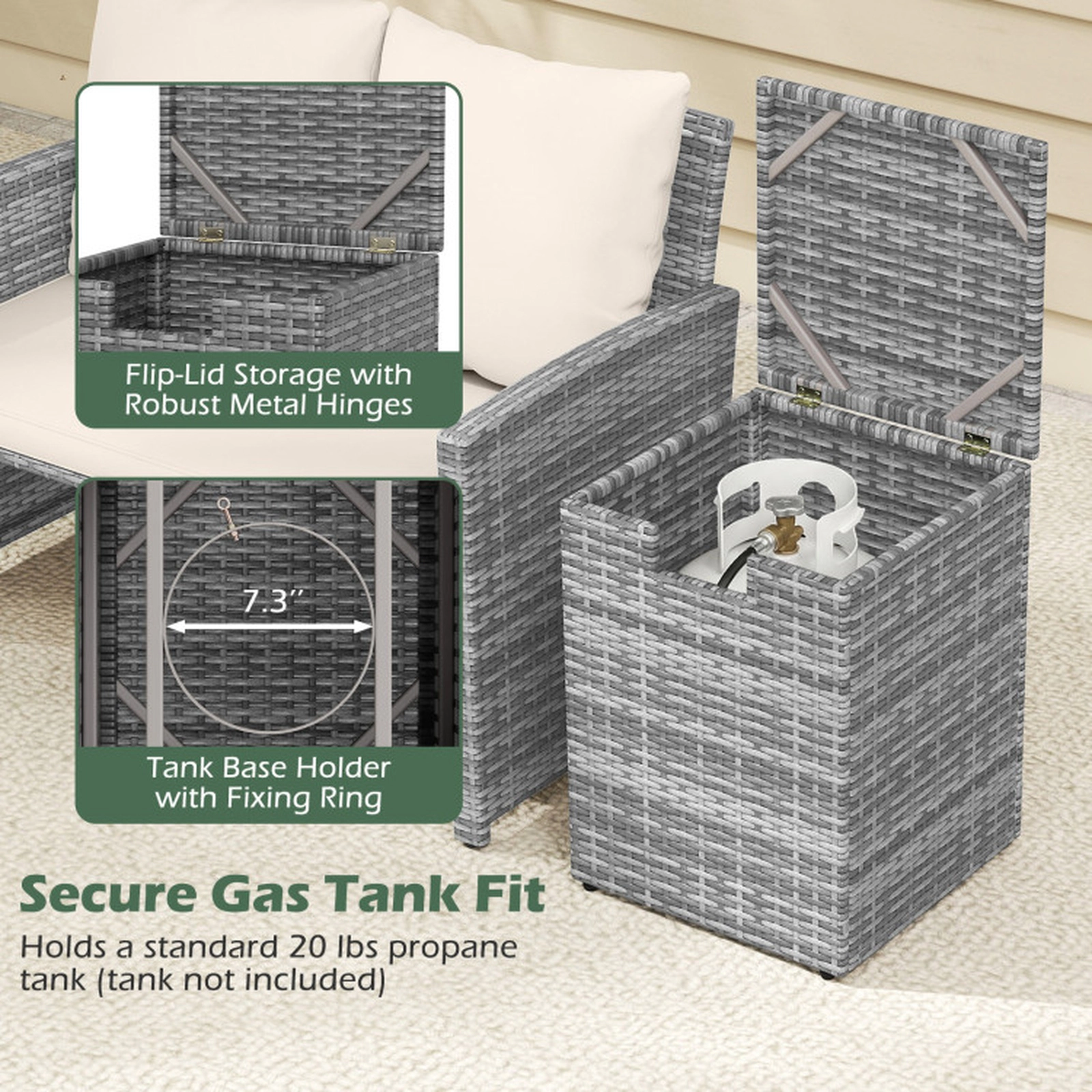 SUGIFT Gray PE Rattan Propane Tank Cover Side Table with Flip Lid 16-in W 16-in D 22.5-in H 80-lb Top Capacity