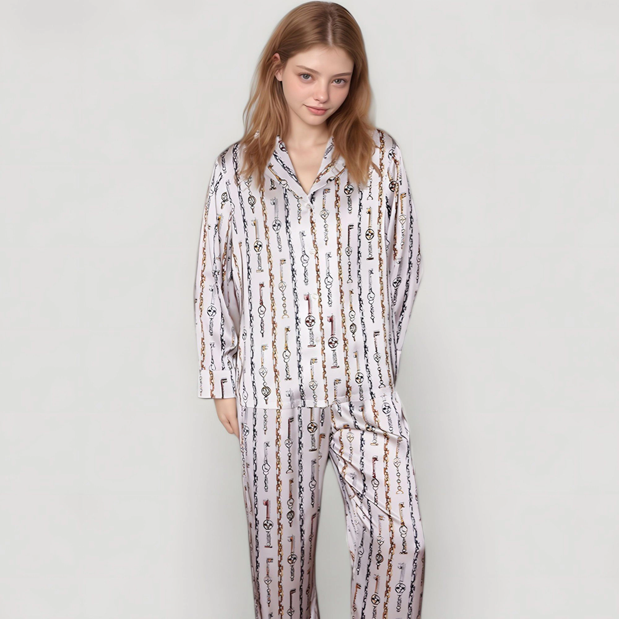 Anna-Kaci Women's Key and Chain Print Woven Pajama Set with Button Down Long Sleeve Top Relaxed Fit Pants