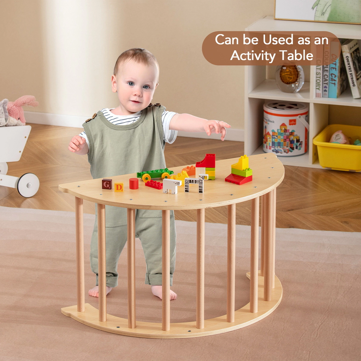 SUGIFT Montessori Kids Climbing Arch Rocker with Cushion 110-lb Capacity Ages 1+ 31.5-in Frame Coffee Beige Natural