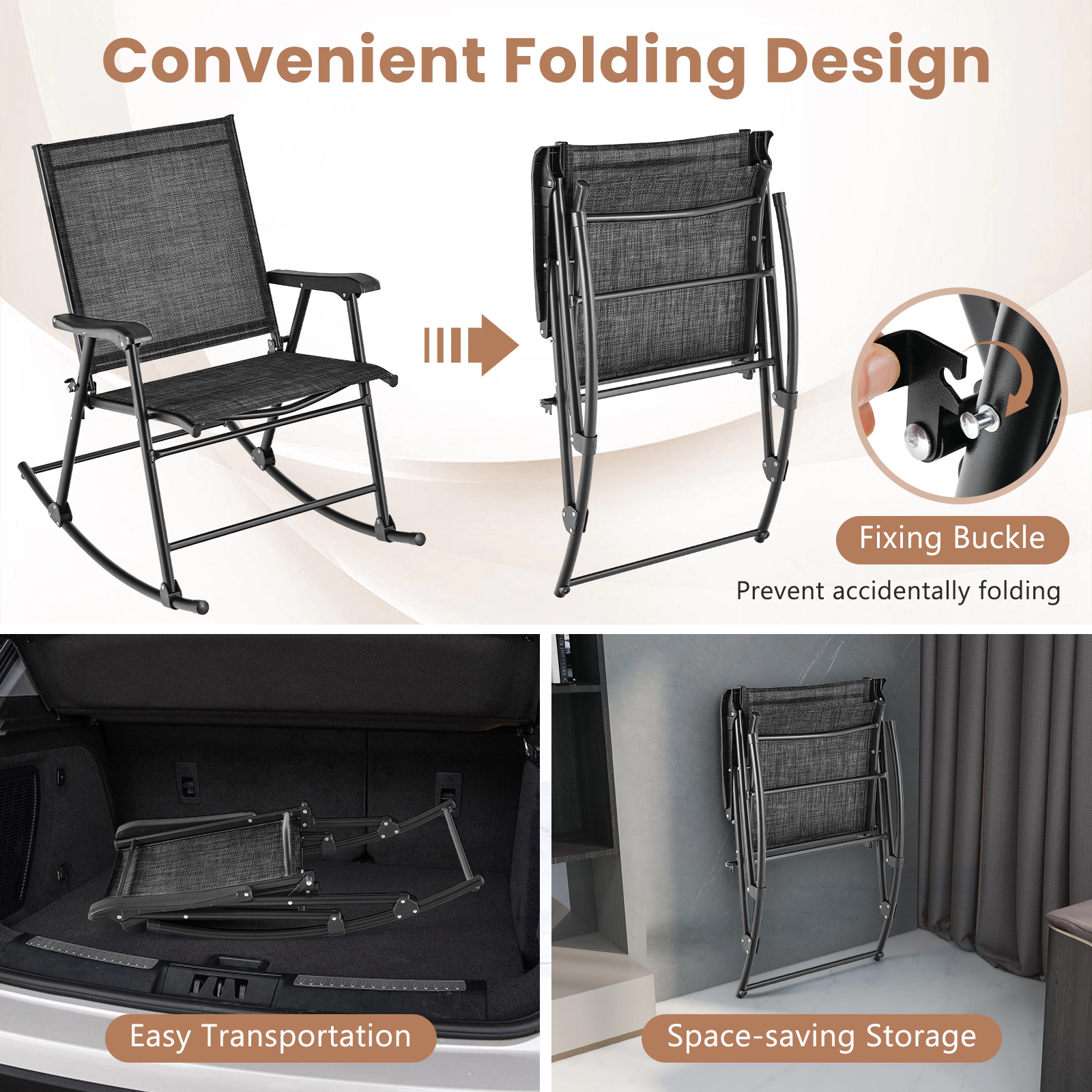 SUGIFT Set of 2 Folding Metal Outdoor Rocking Chairs with Sling Seats