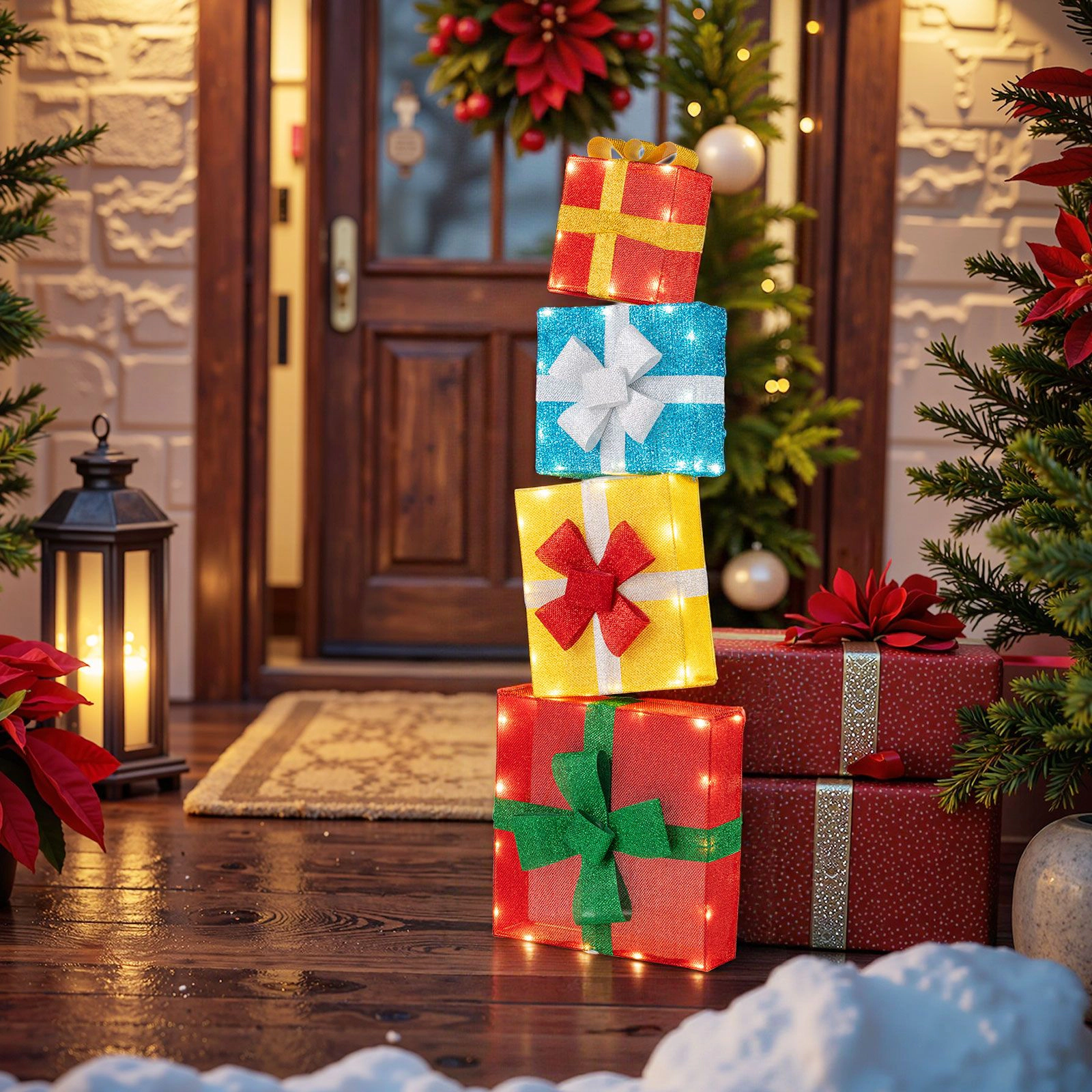 Slickblue Set of 4 Outdoor Christmas Gift Box Decorations with Lights
