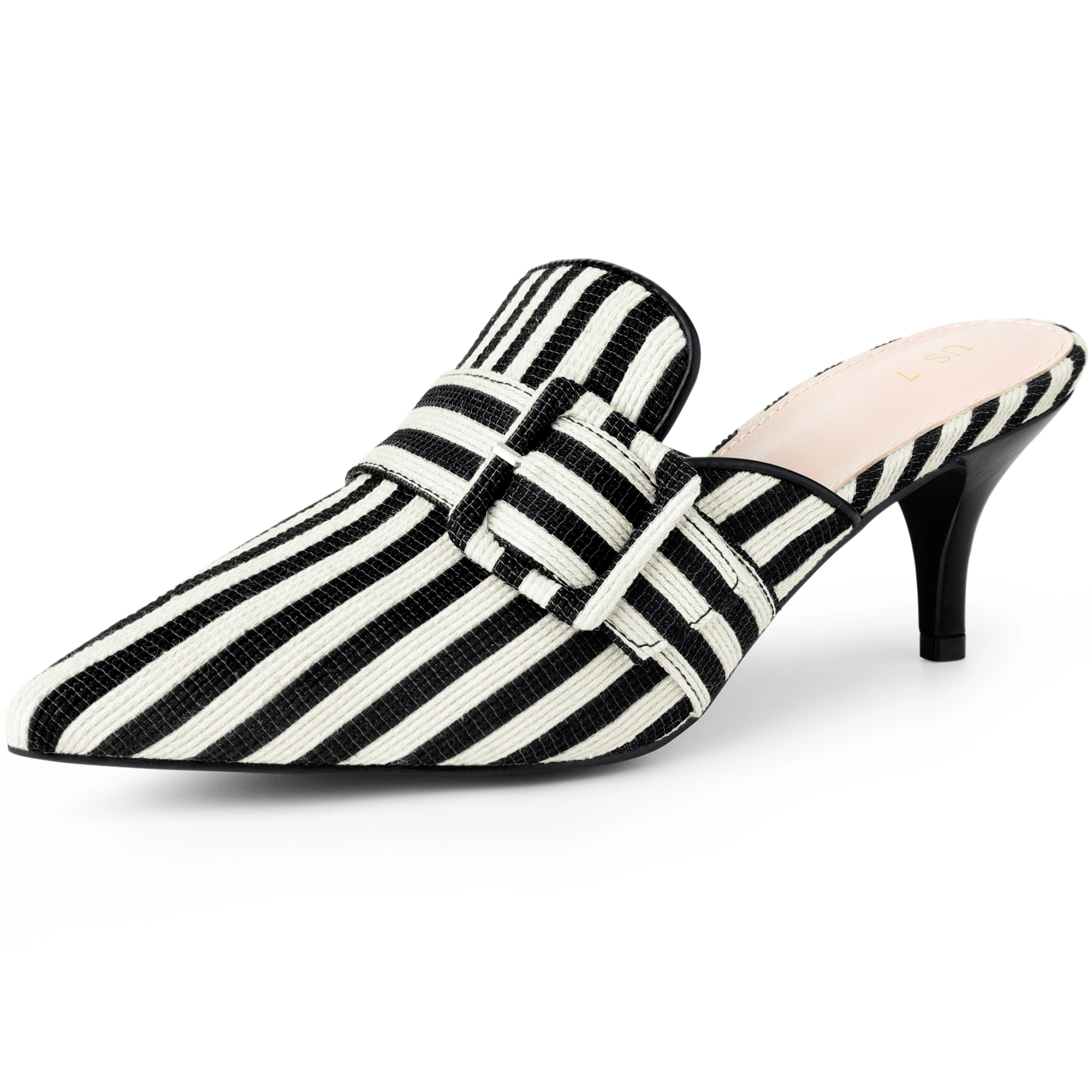 BLISSFUL STEP Women's Stripe Buckle Slip on Pointed Toe Kitten Heels Mules