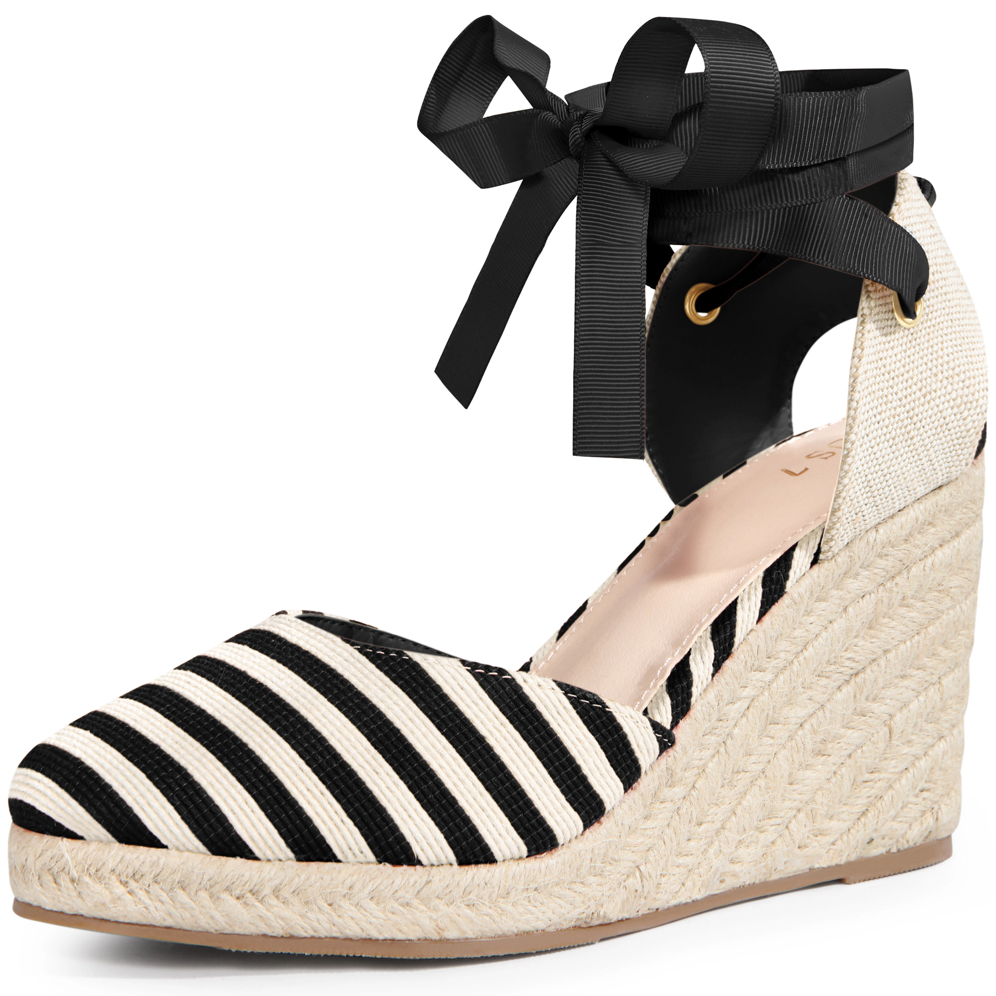 BLISSFUL STEP Women's Stripe Lace Up Low Platform Wedge Espadrilles Sandals