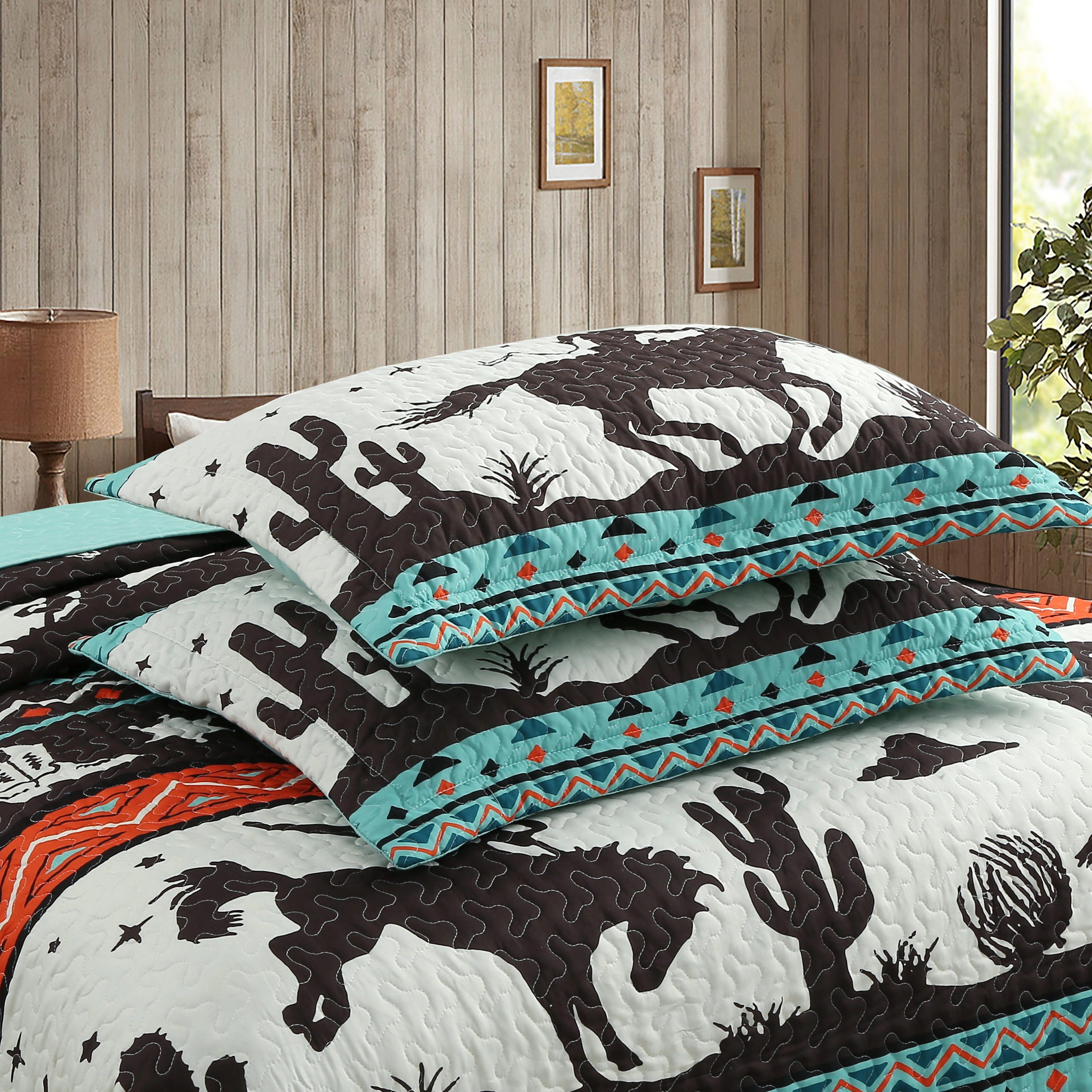 MarCielo 3 Piece Southwestern Cowboy Quilt Set - Western Horse Bedspread Set