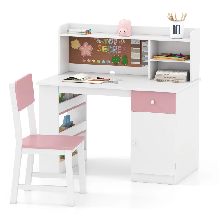 Hivvago Kids Writing Table and Chair with Overhead Hutch 3-Level Storage Rack