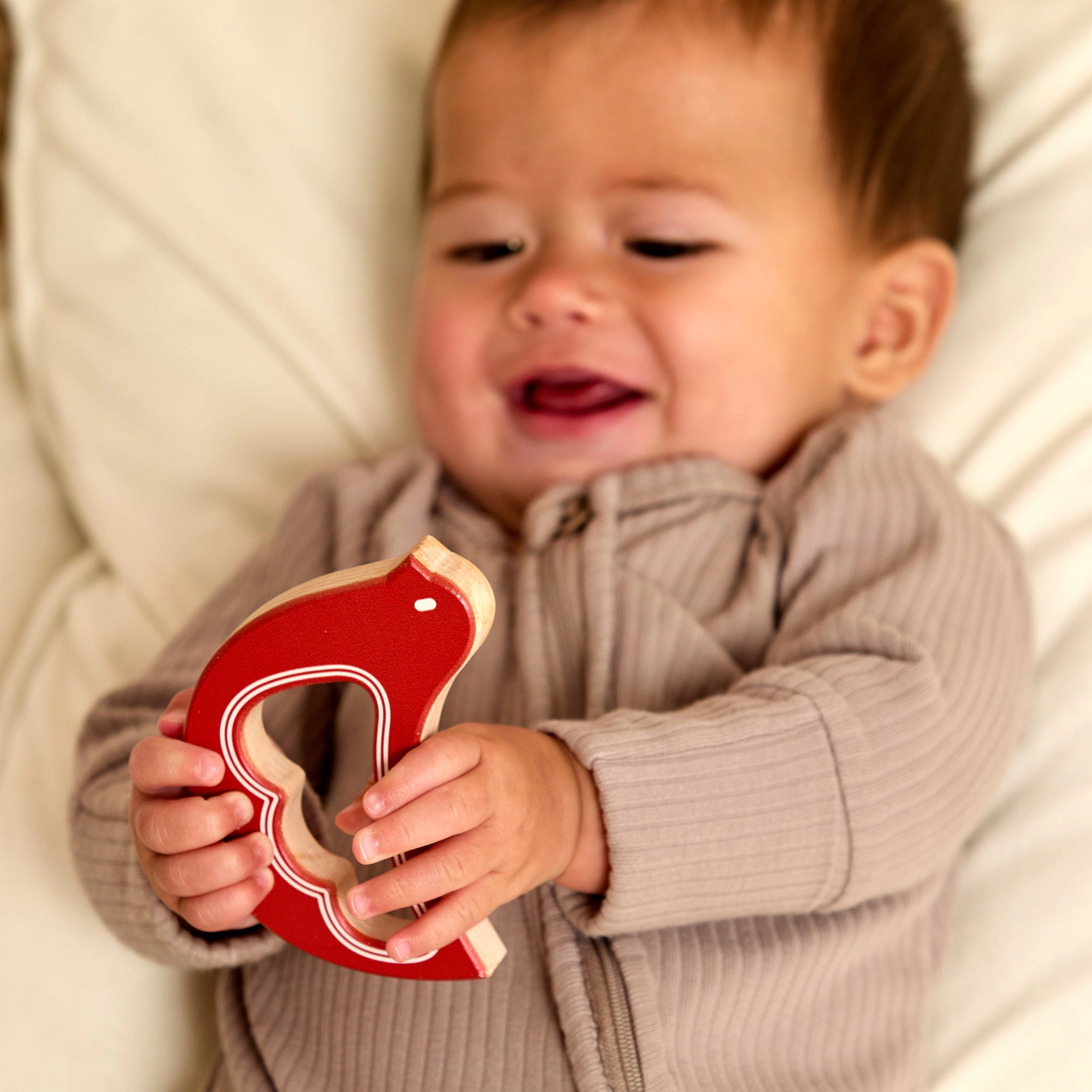 Solid Maple Wood Bird Rattle & Teether, Red Print and Etched, Natural Baby Toy Made in USA