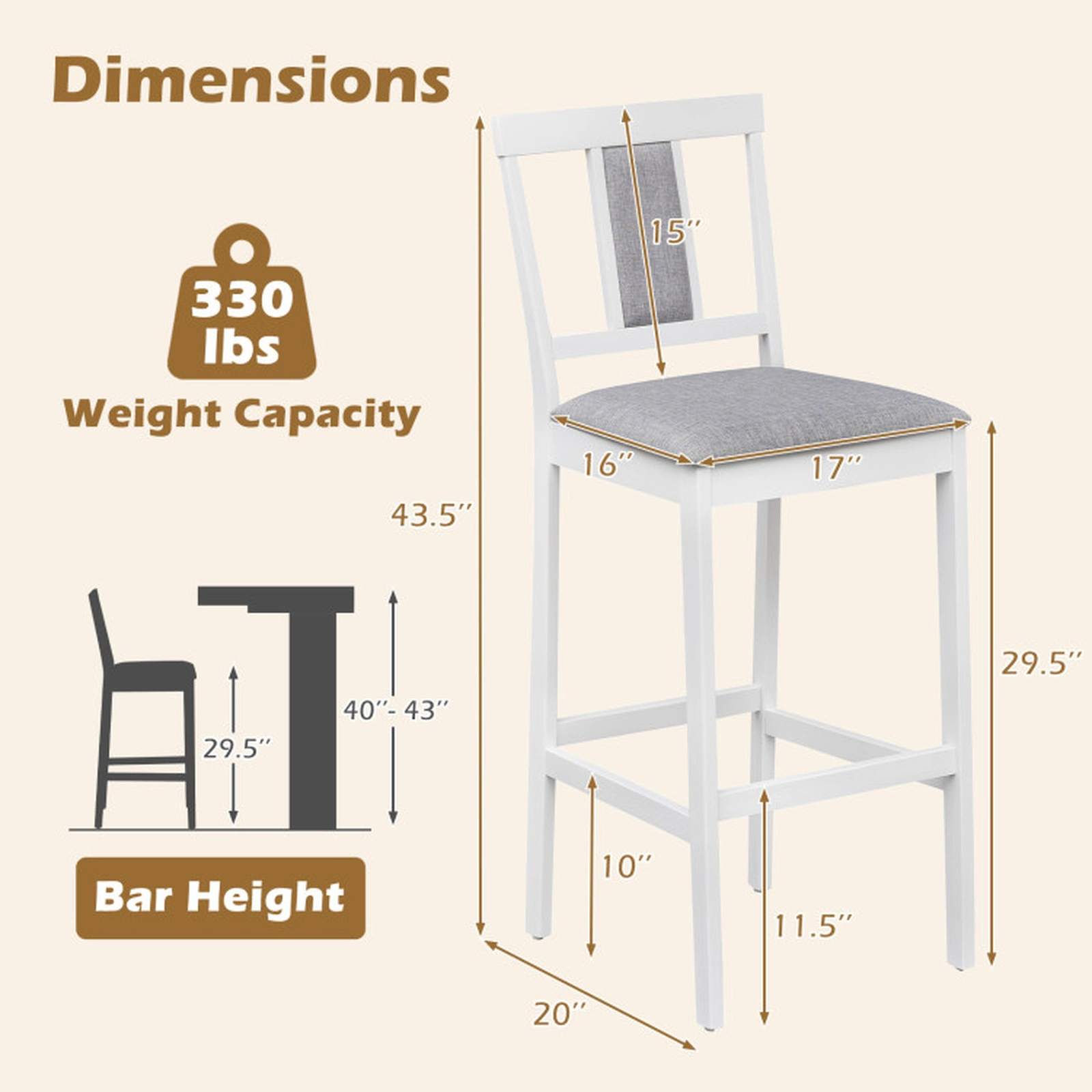SUGIFT Set of 4 Upholstered Bar Stools 29.5-in Seat Height Bar Height with Solid Rubber Wood Frame 300-lb Capacity White