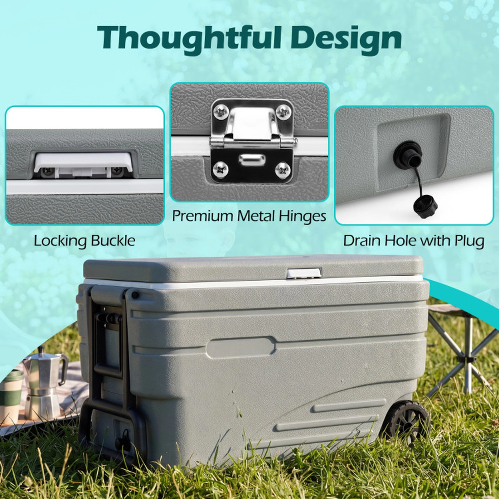 SUGIFT 84 Quart Portable Wheeled Ice Cooler with Pull Handle 330-lb Top Capacity 28-in Exterior 23.5-in Interior Gray