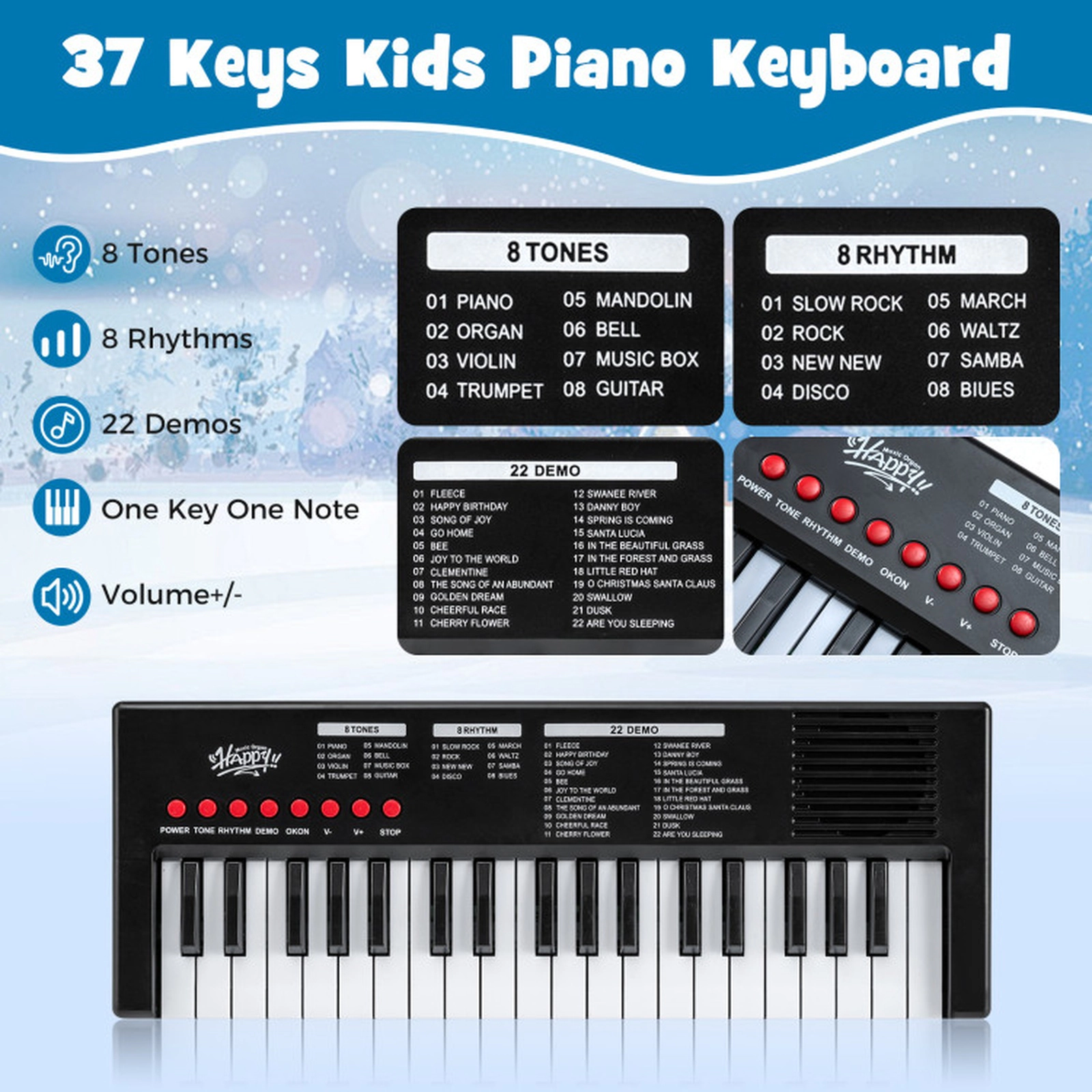 SUGIFT Kids Black 37-Key Electric Keyboard Piano with Microphone and 8 Rhythms 16-in W 6-in D 1.5-in H Ages 3+