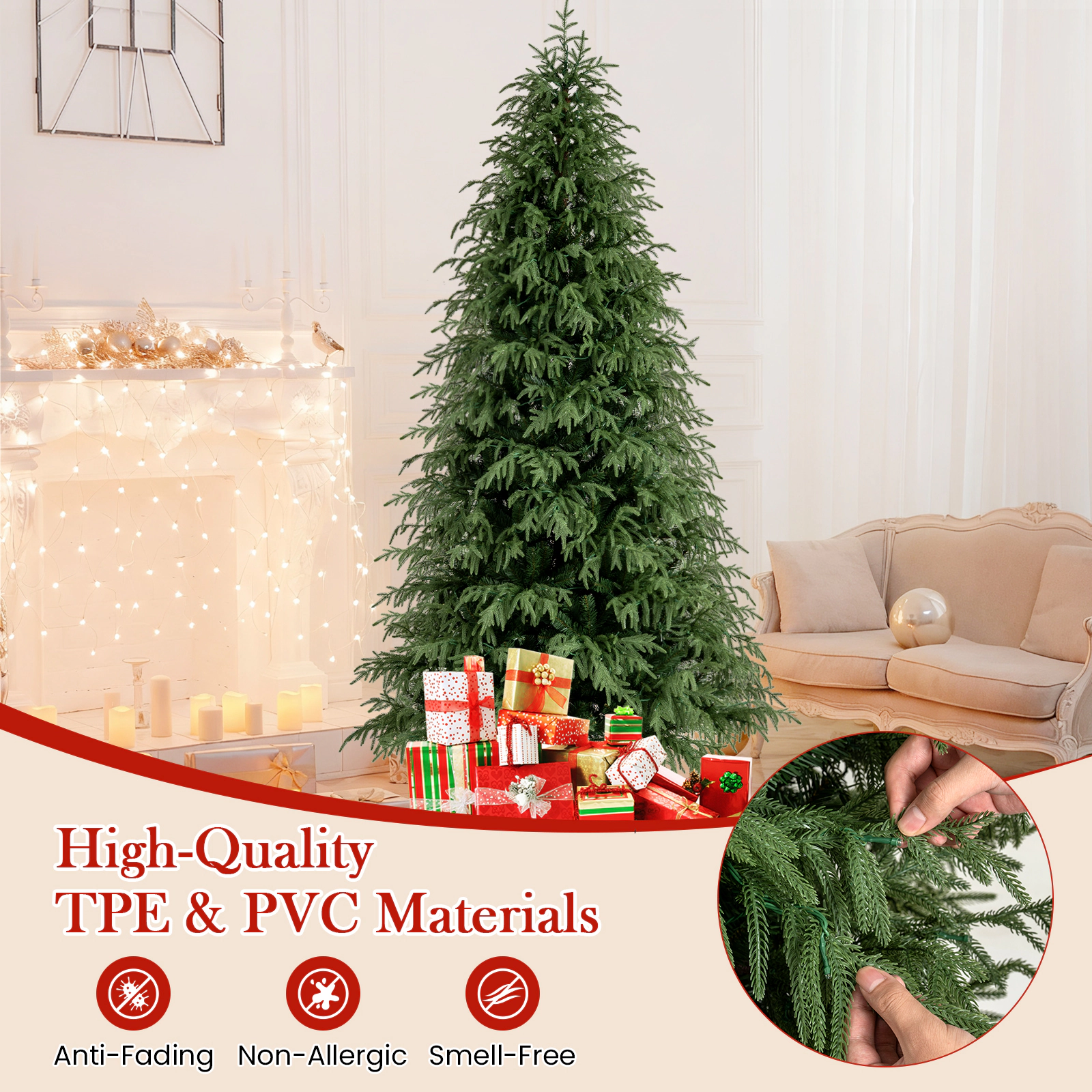 Costway 7/7.5/8 FT Artificial Christmas Tree with 1217/1449/1470 Branch Tips, 400/470/500 Warm LED Lights