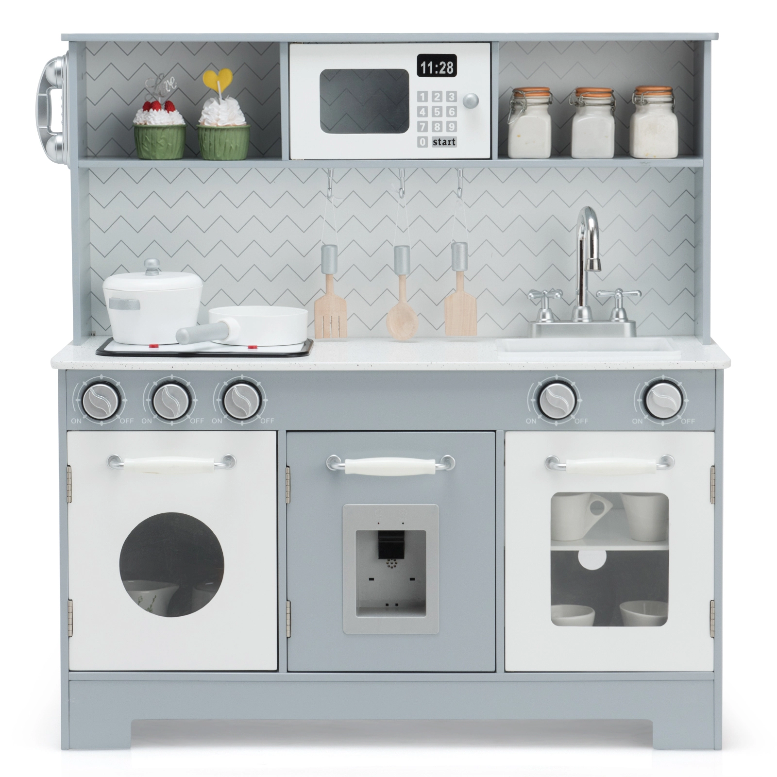 SUGIFT Realistic Pretend Play Kitchen Toy Set with Light and Sound For Kids Over 3 Years White and Gray
