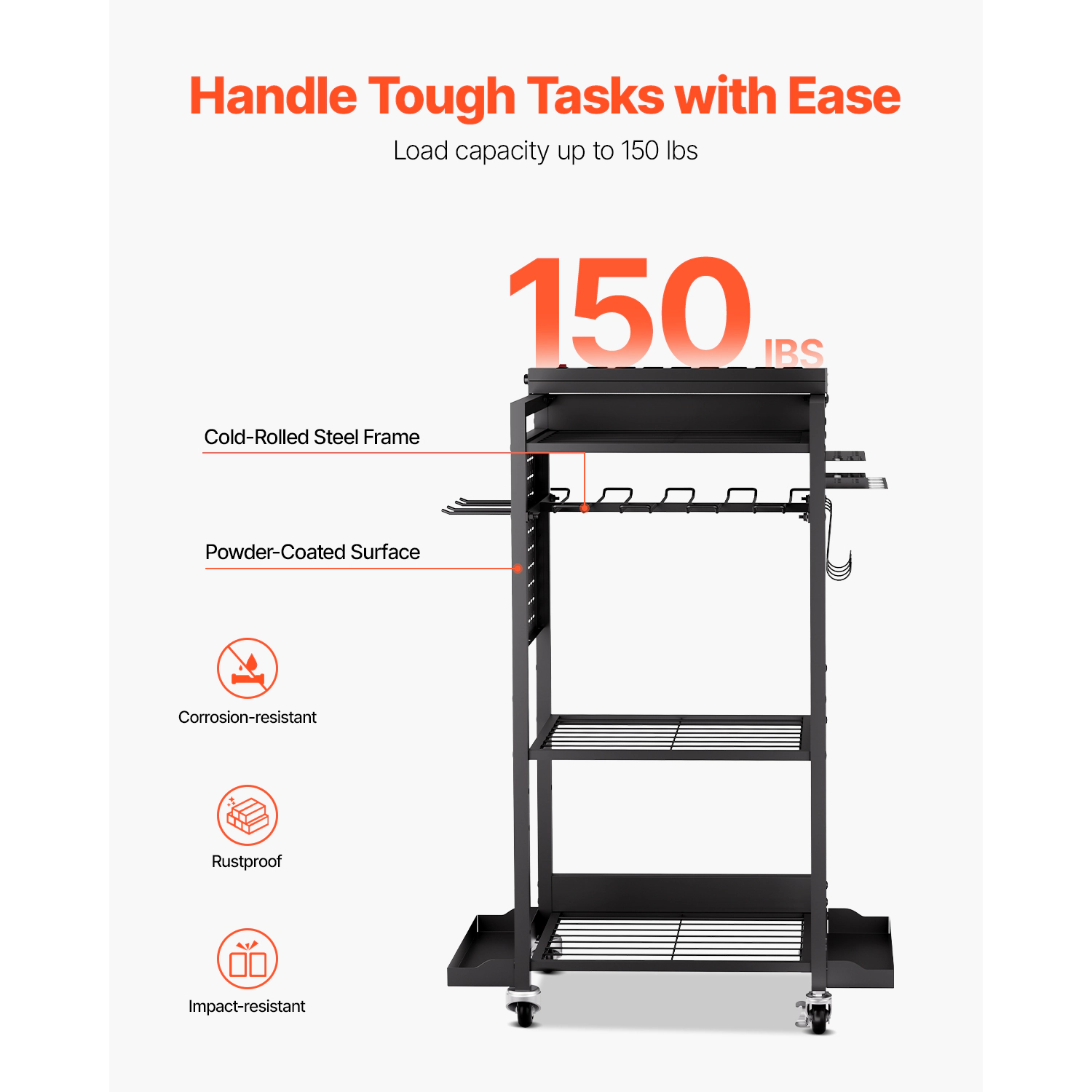HONGGE Tool Organizer Cart with Charging Station 8 AC Outlet Floor Stand Rolling Drill Holder and Tool Battery Storage