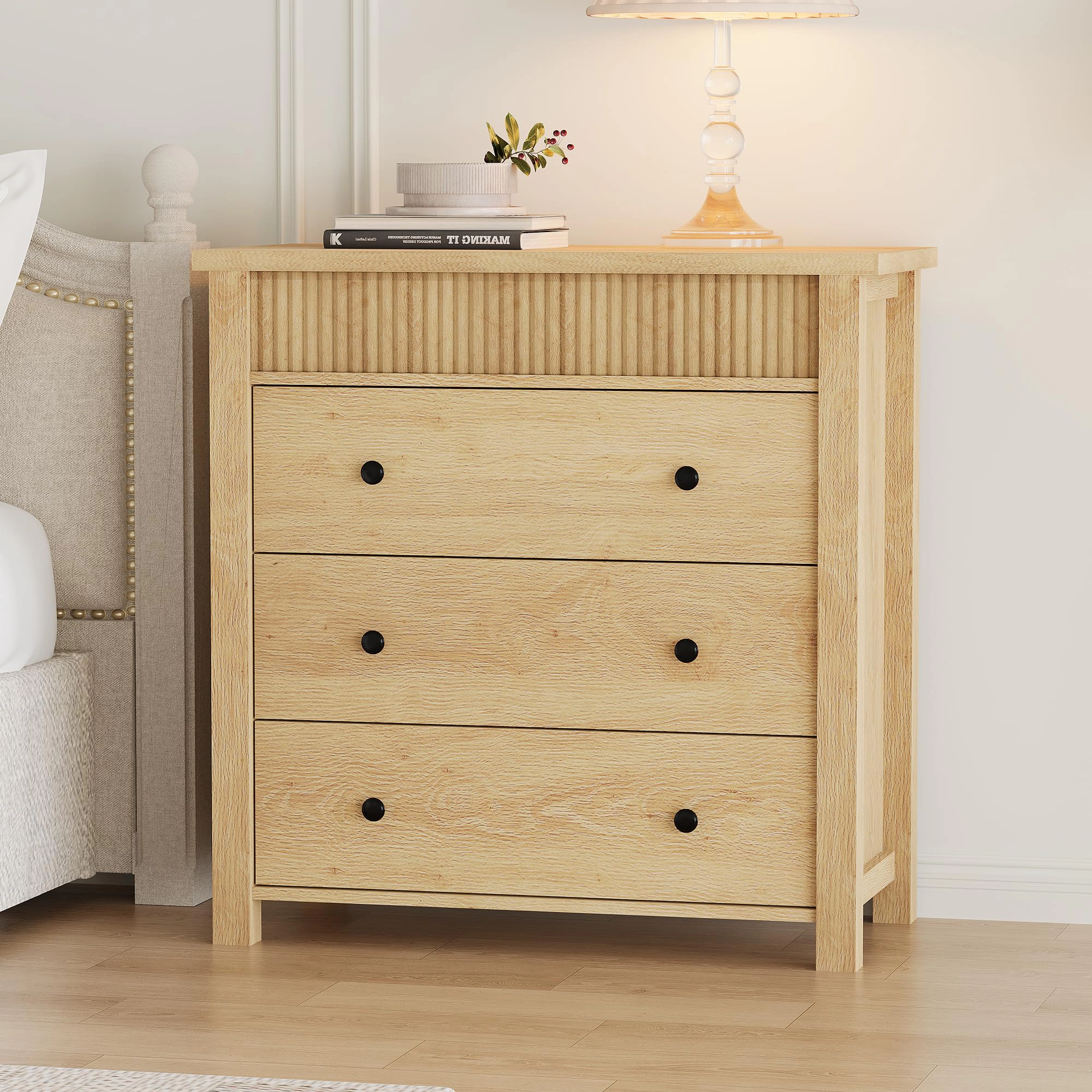 Modern Fluted 3 Drawer Nightstand, Wooden Storage Chest for Bedroom or Living Room