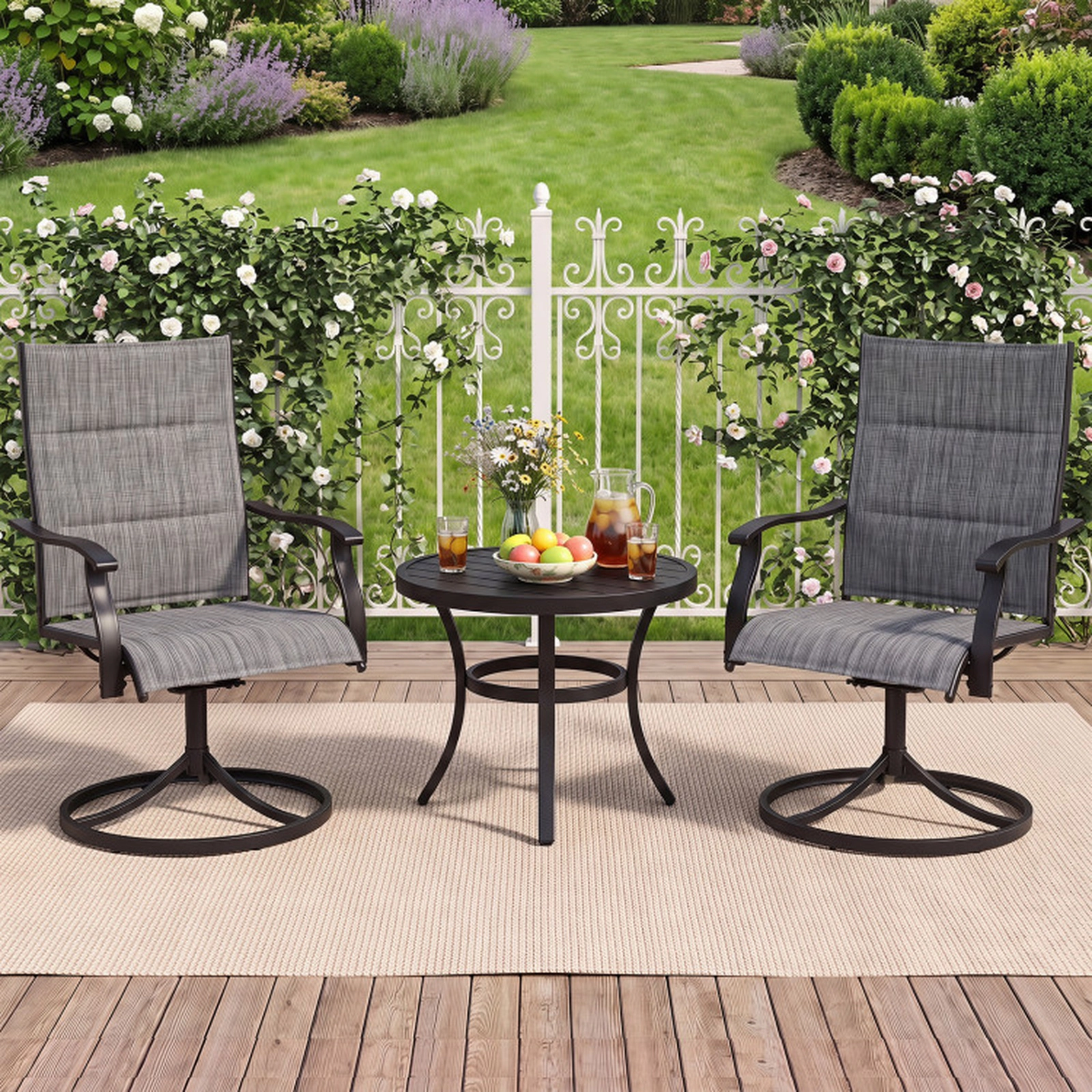 SUGIFT Padded Patio Swivel Dining Chairs with 360-Degree Rocking Seat 330-lb Capacity Breathable Fabric Gray