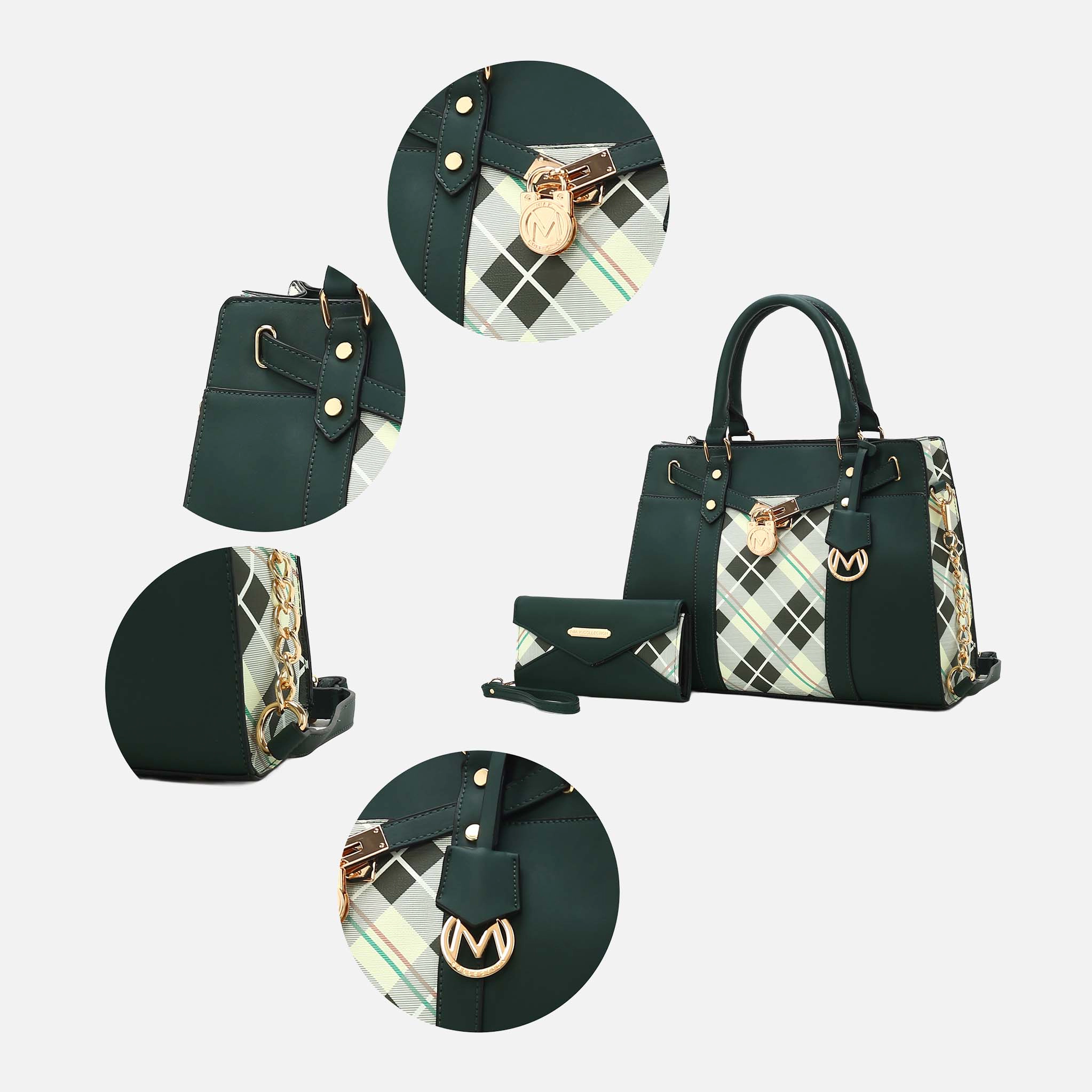 MKF Collection by Mia K Christine Plaid Vegan Leather Satchel with Wristlet Wallet, Olive