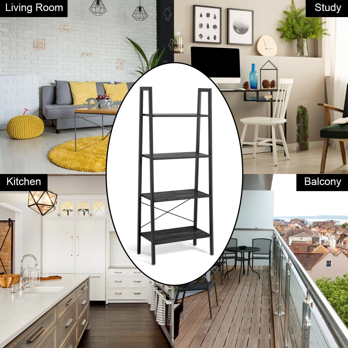 SlickBlue Modern 4-Tier Storage Shelf with Metal Frame and Wood