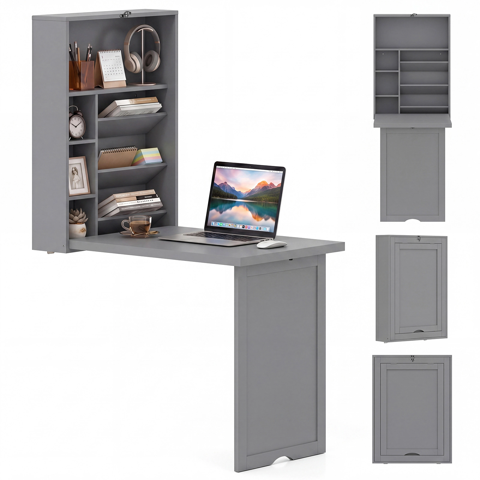 Costway Wall Mounted Computer Convertible Desk Floating w/ Storage Bookcases White