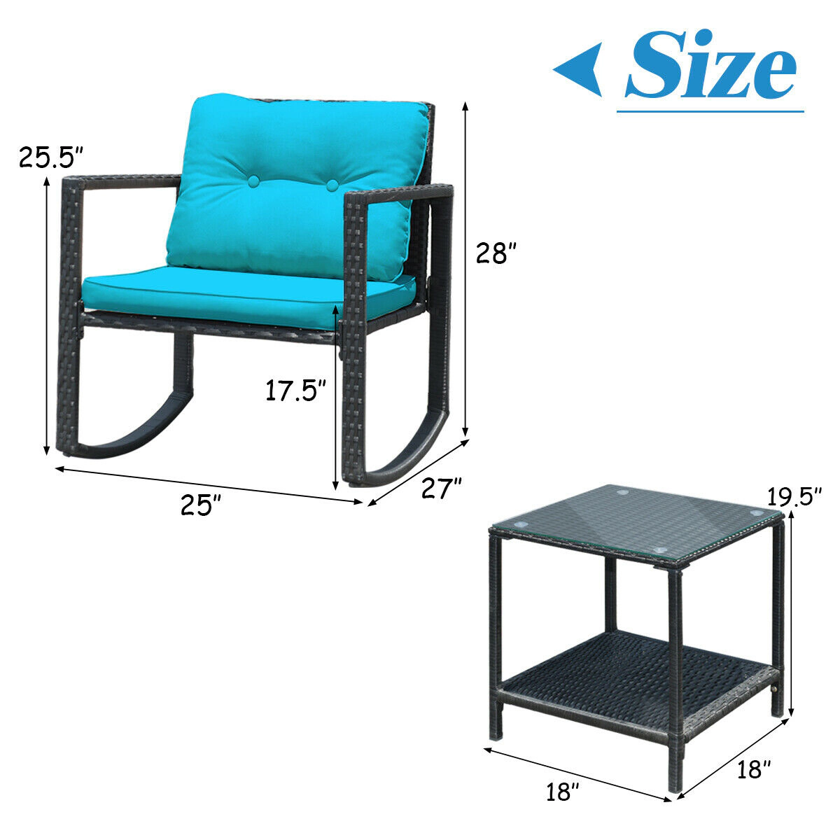 LJG 3 Pcs Wicker Rocking Bistro Set with Glass Coffee Table and Storage Shelf