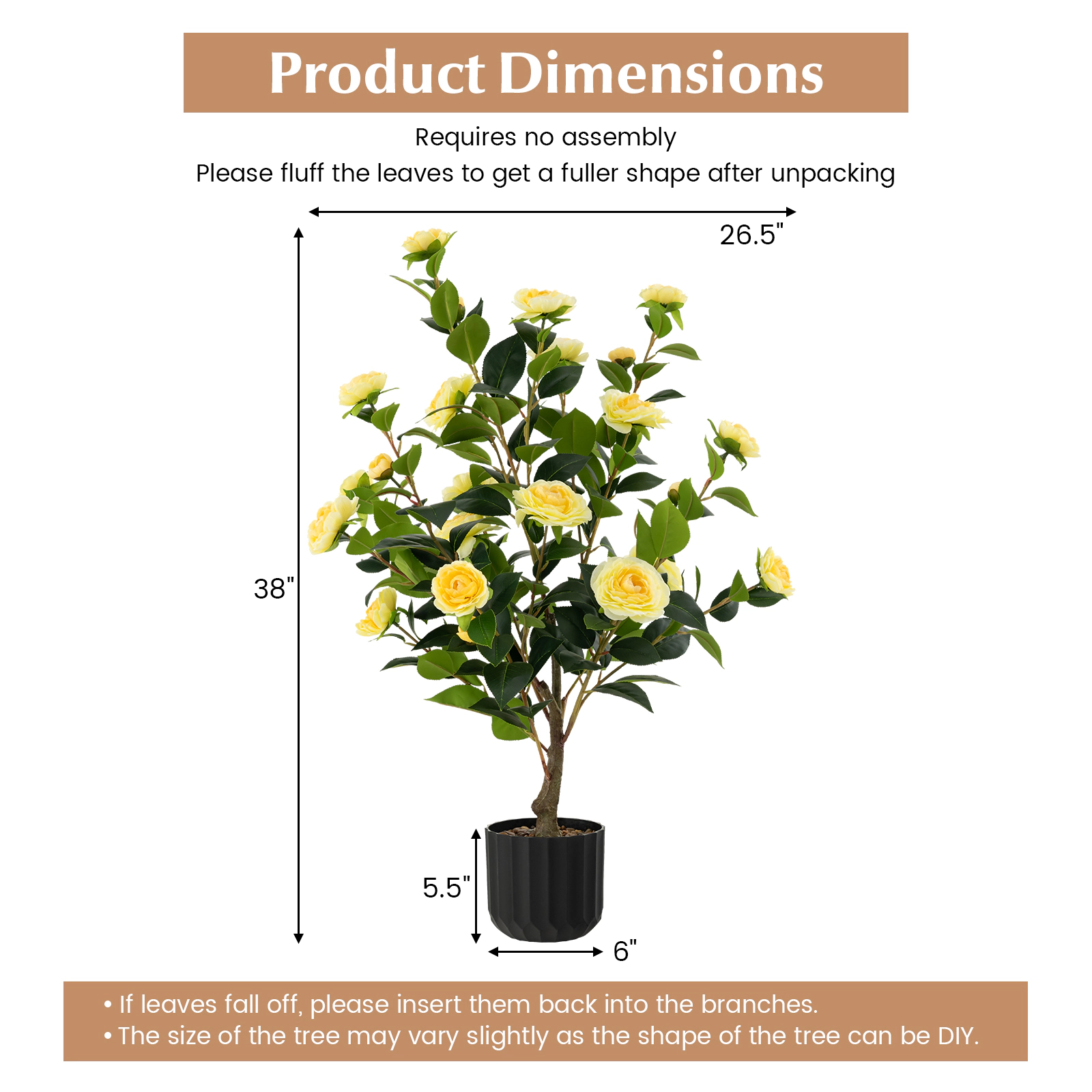SUGIFT 38-in Artificial Yellow Camellia Tree with 24 Silk Blooms 186 Leaves and Pebble-Topped Pot