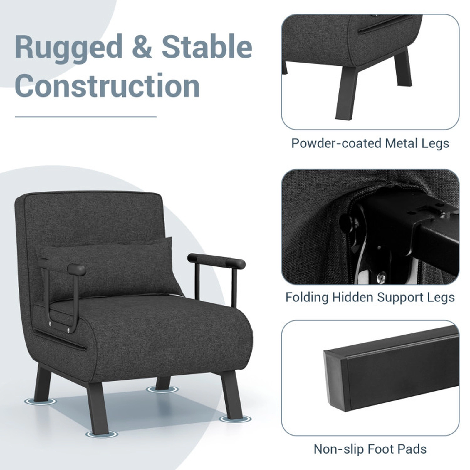 SUGIFT 3-in-1 6-Position Linen Convertible Sleeper Bed Armchair 72.5-in Long 330-lb Capacity 16-in Seat Height Gray
