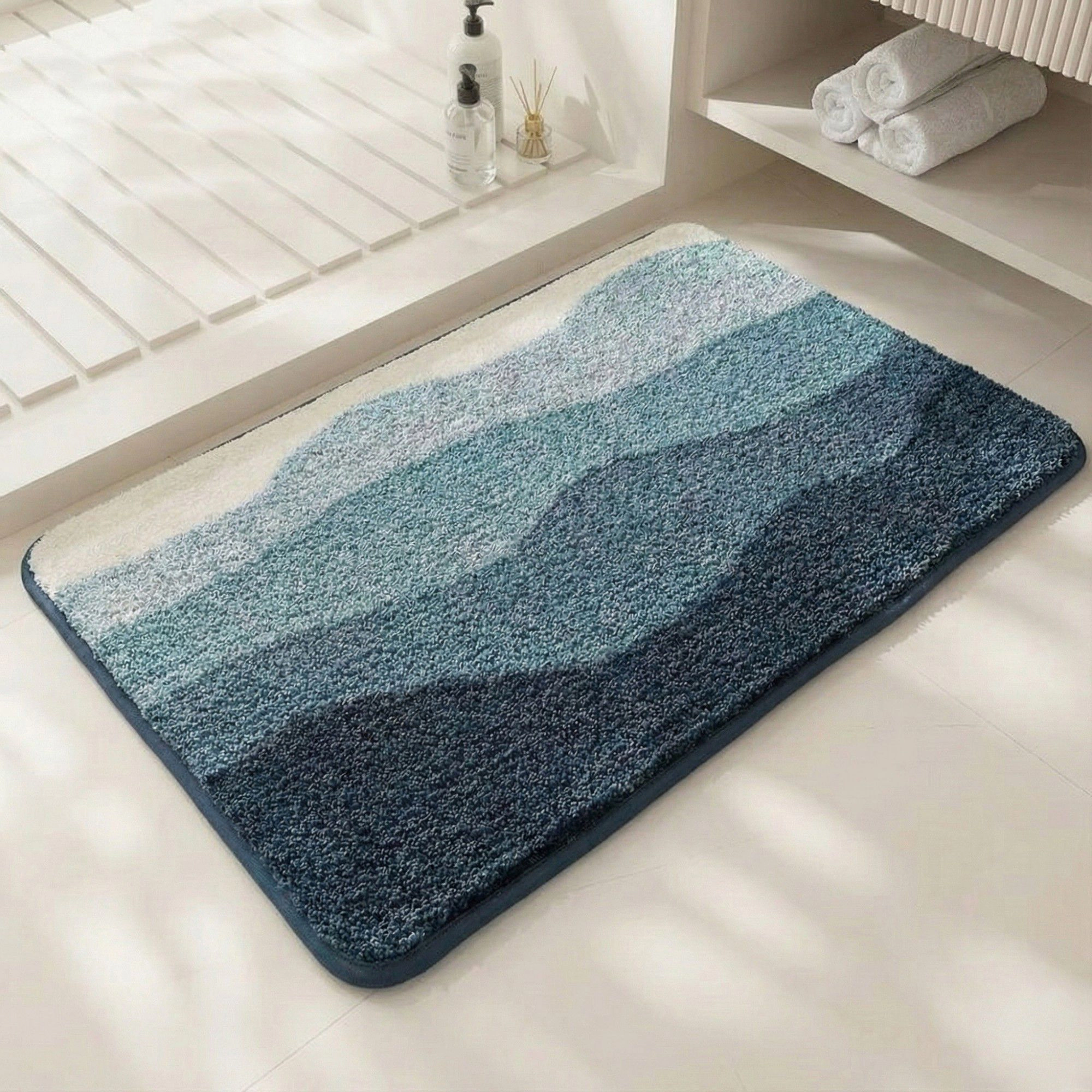 Alilang Unisex Plush Absorbent Bathroom Floor Mat with Layered Wave Pattern Soft Textured Bath Rug for Tub Shower and Si