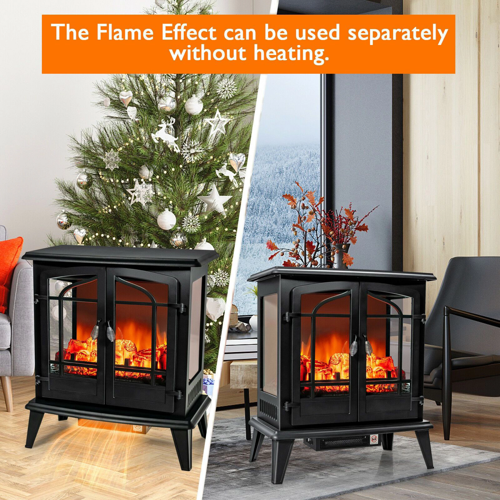 SlickBlue Black Iron Glass Electric Fireplace Heater, 1400W, 4777 BTU, 3-Sided Flame