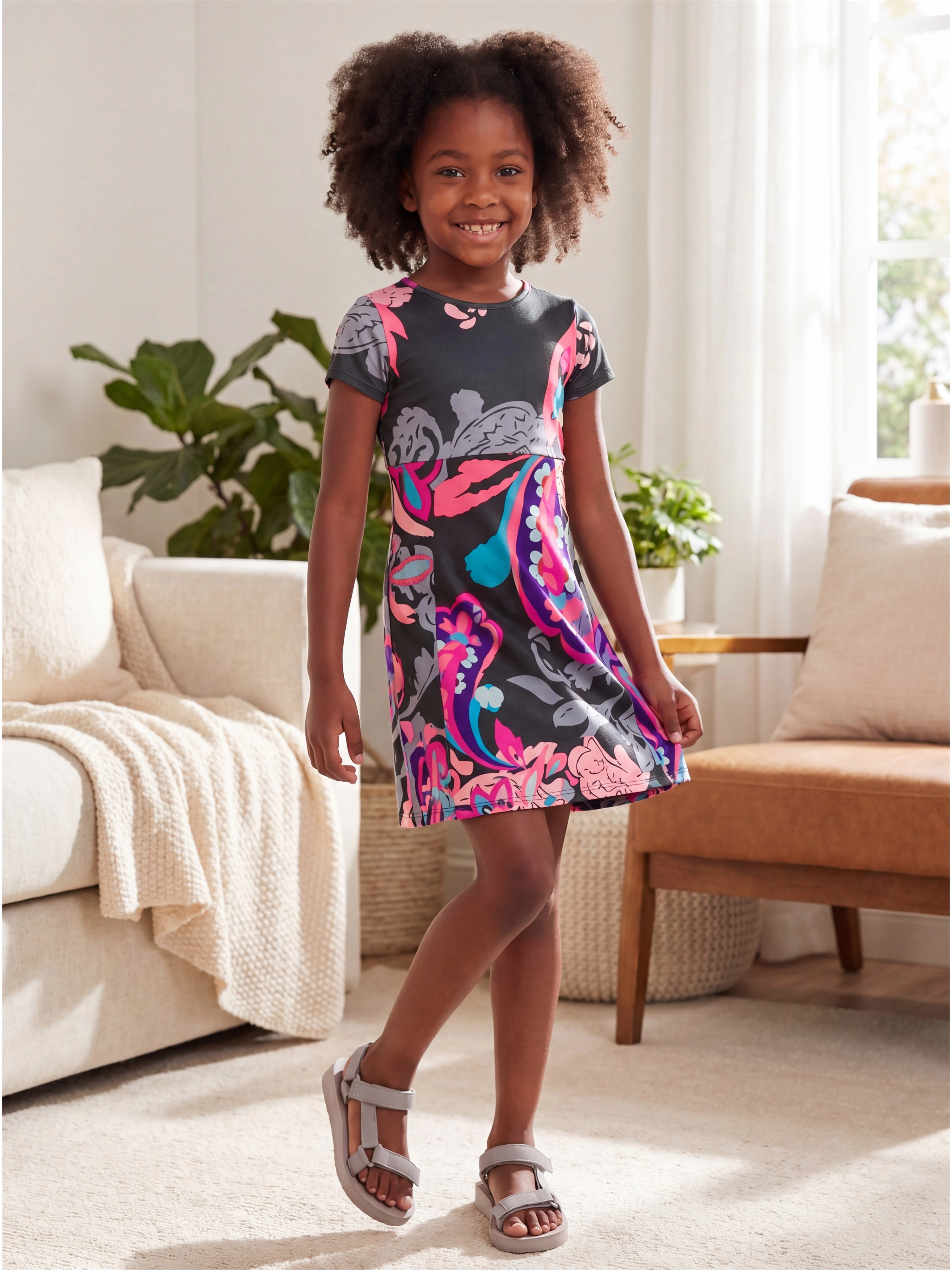 24sevenKid Essential Girls Black and Pink Paisley Fit Flare Knee Length Dress