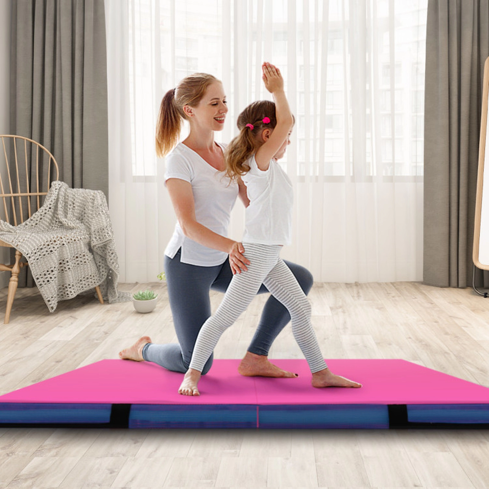 SUGIFT Pink 4-ft x 4-ft x 4-in Bi-Folding Gymnastics Tumbling Mat with Carry Straps and Zip-Off Cover