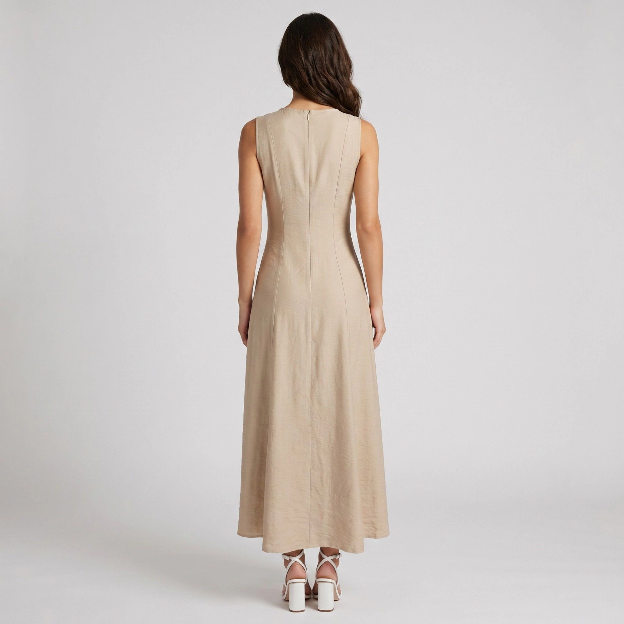 Anna-Kaci Women's Sleeveless Round Neck Panel Seam Fitted A-Line Skirt Woven Drape Maxi Dress