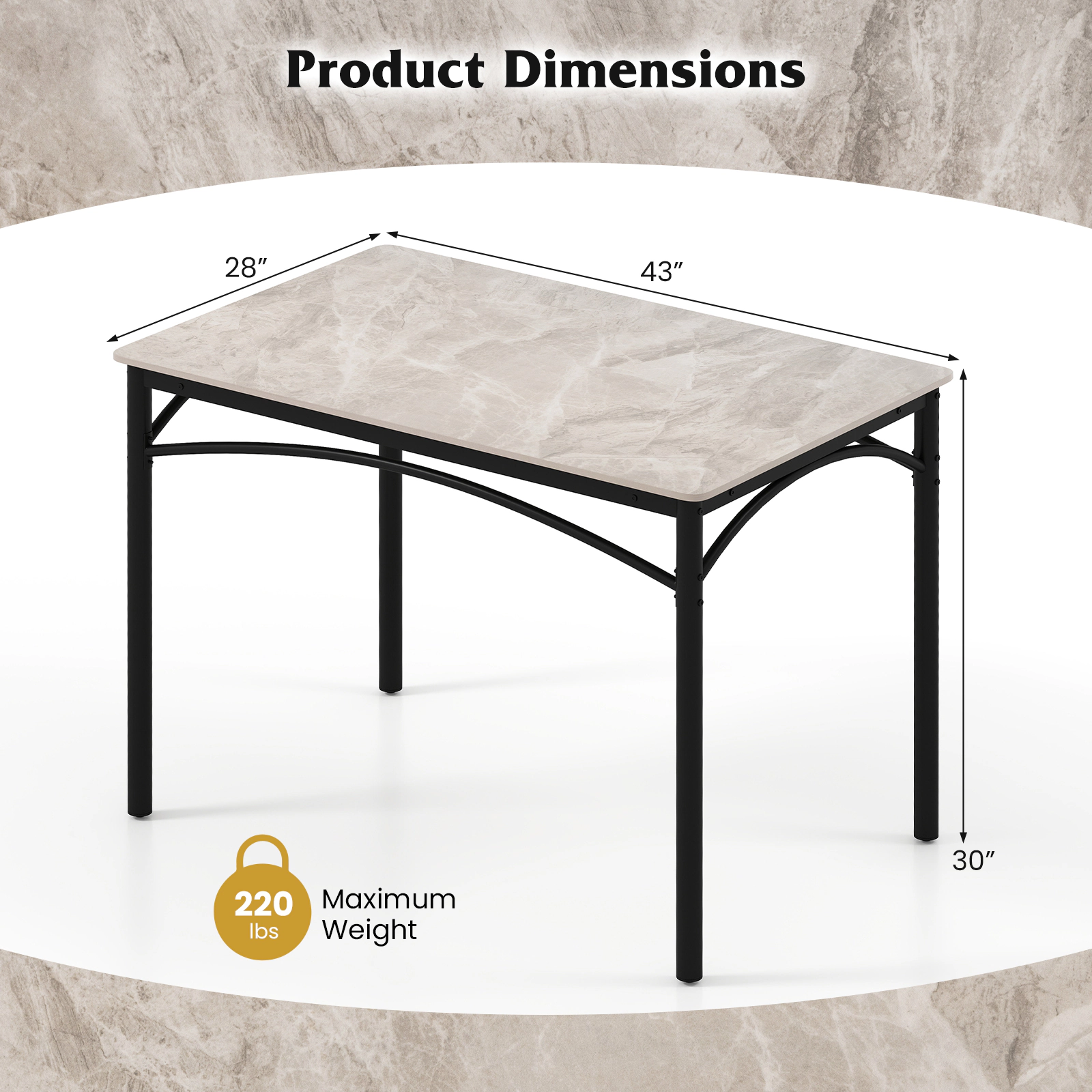 SUGIFT Rectangular Sintered Stone Dining Table for 4 People with Metal Frame 220-lb Capacity Gray + Black