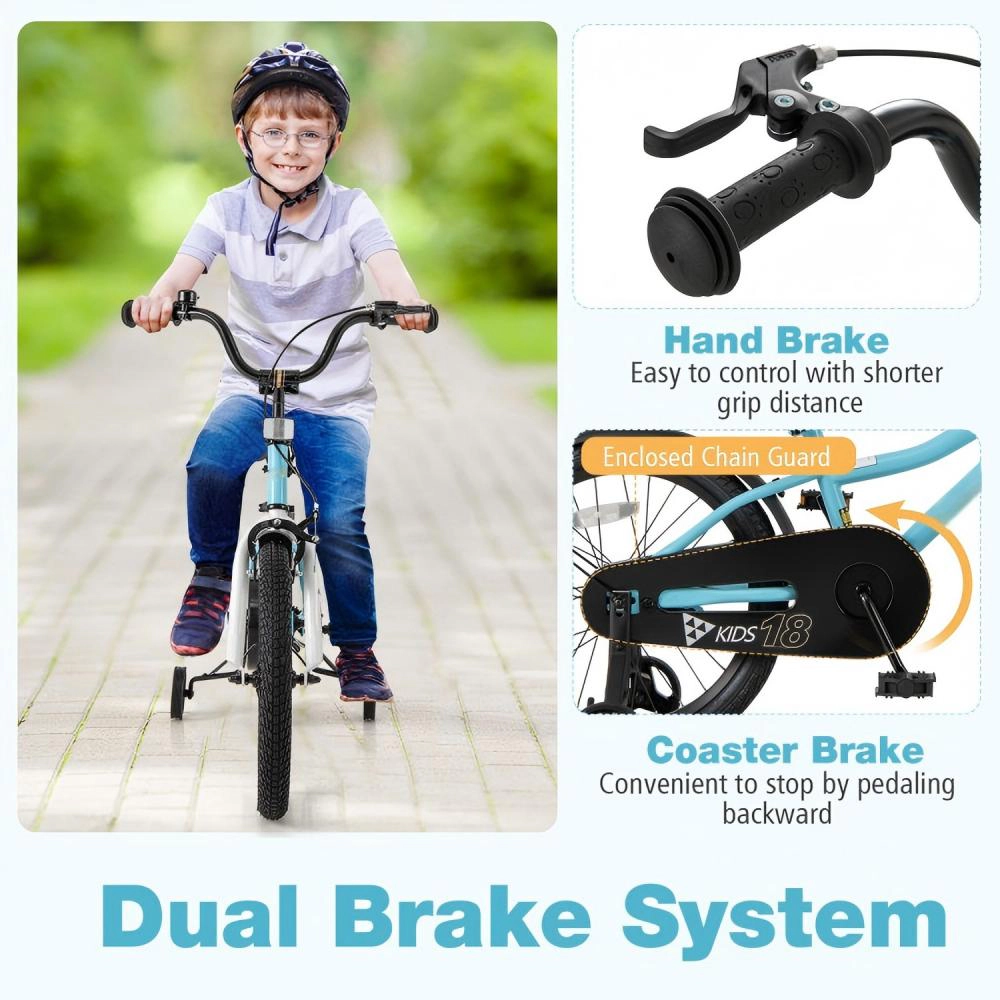 SUGIFT Blue Detachable Training Wheels Kickstand Reflectors and Bell Kids 18 Inch Bike