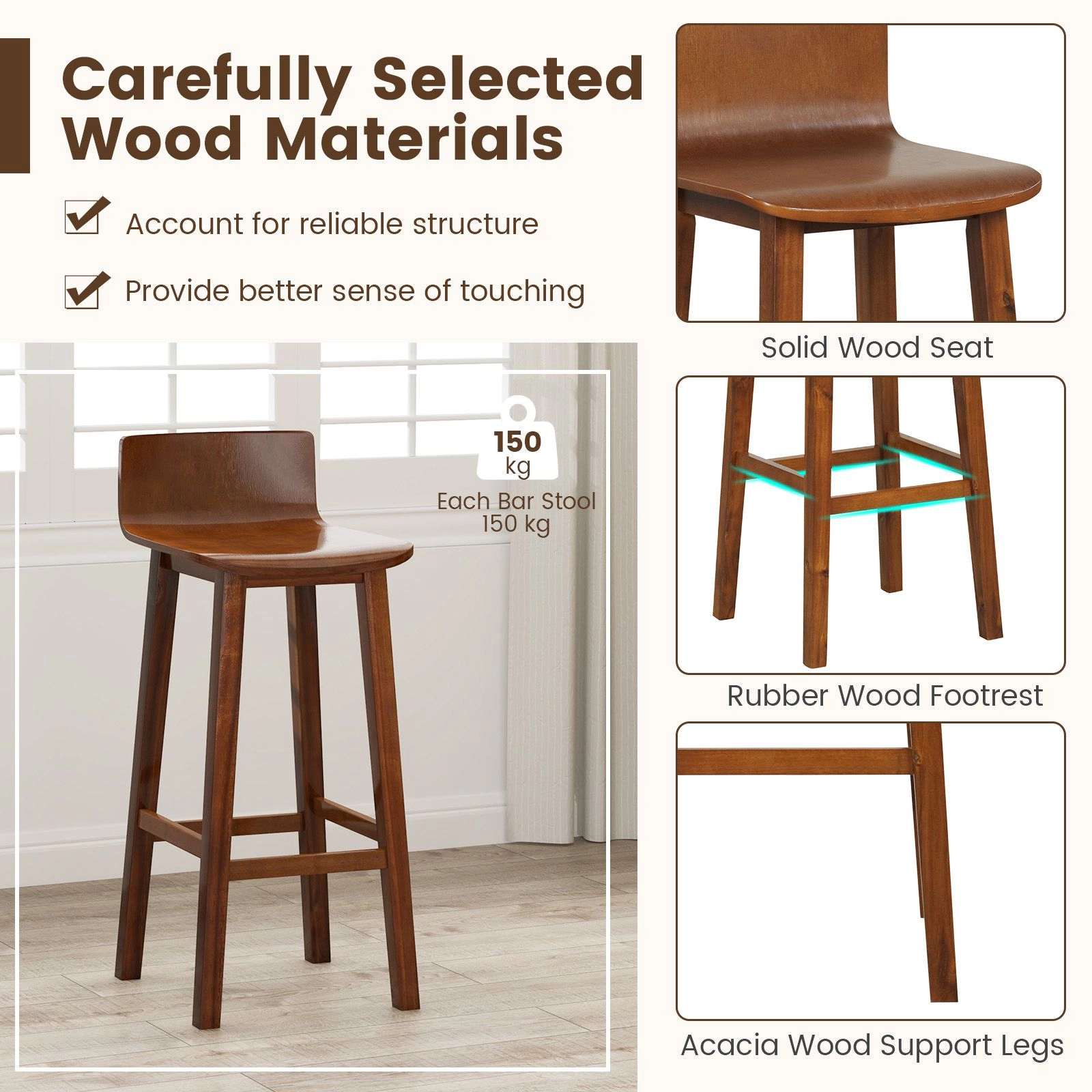 SlickBlue Set of 2 Walnut Counter Height Bar Stools with Curved Seat and Footrest Set