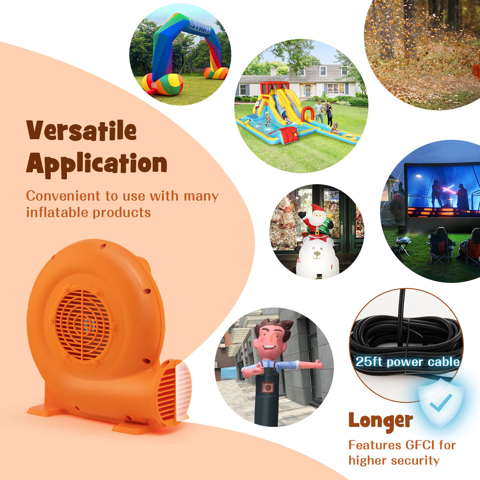 SUGIFT Orange 550W Air Blower for Kids Bounce House with 25-ft Cord and Ground Fault Plug 13.5-in W 9-in D