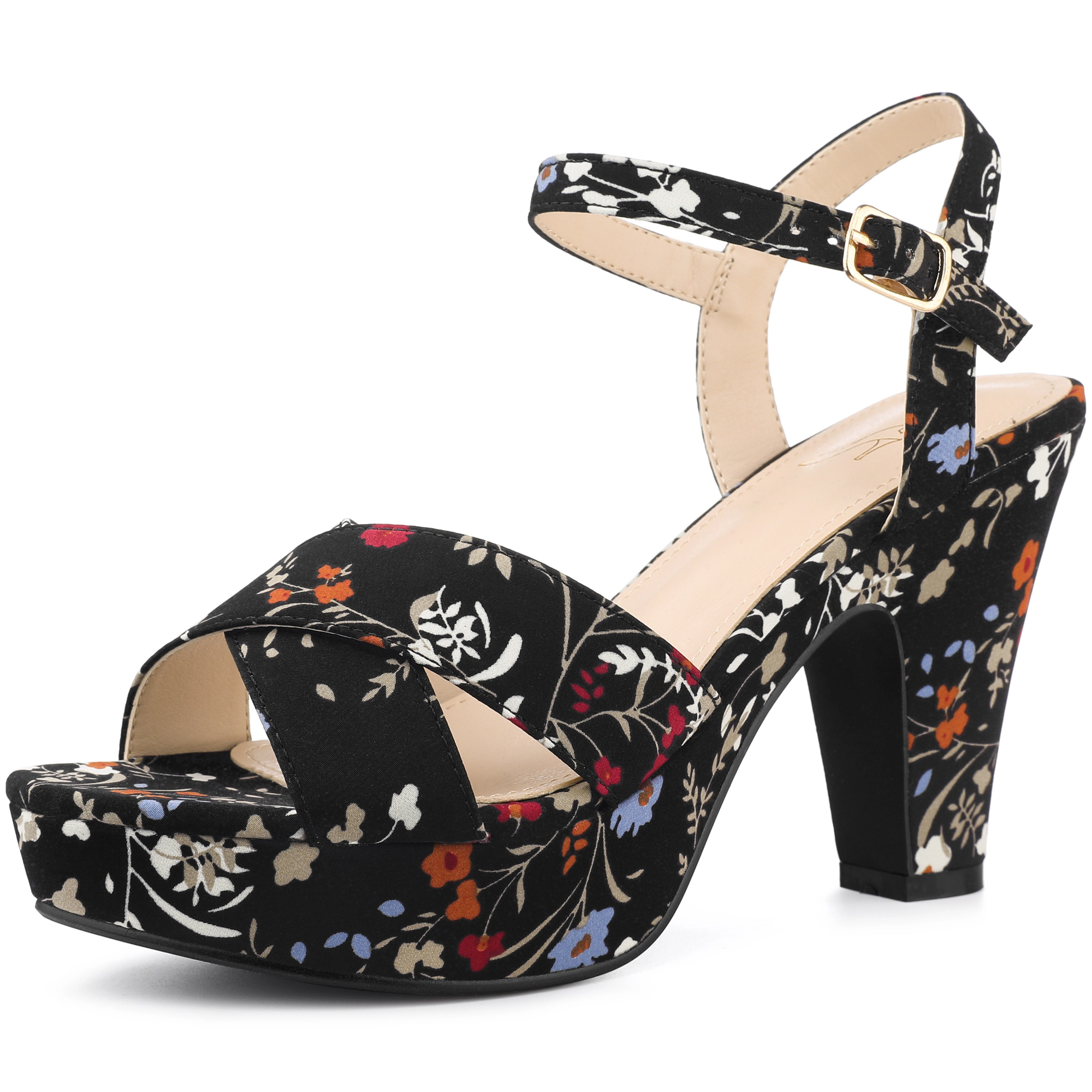 BLISSFUL STEP Women's Platform Heel Slingback Floral Heels Sandals