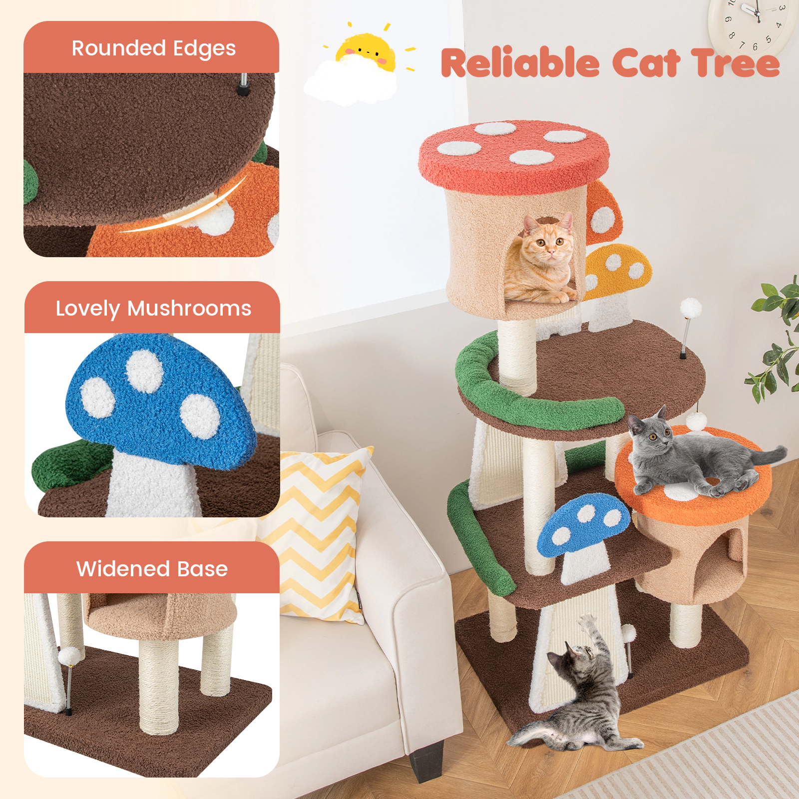 SUGIFT 57.5-in Tall 4-in-1 Cat Tree with 2 Condos 2 Platforms Sisal Boards and Mushroom Play Balls