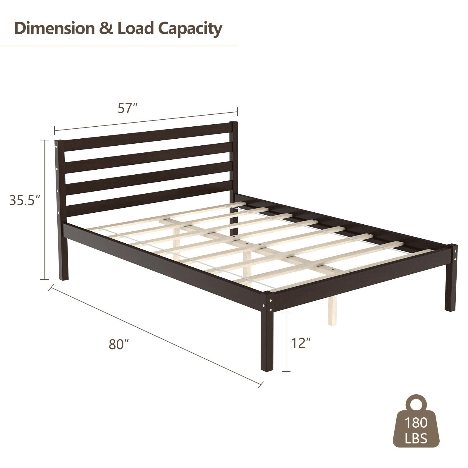 SUGIFT Espresso Slat Headboard and Solid Wood Slats Full Size Wooden Bed Frame Foundation