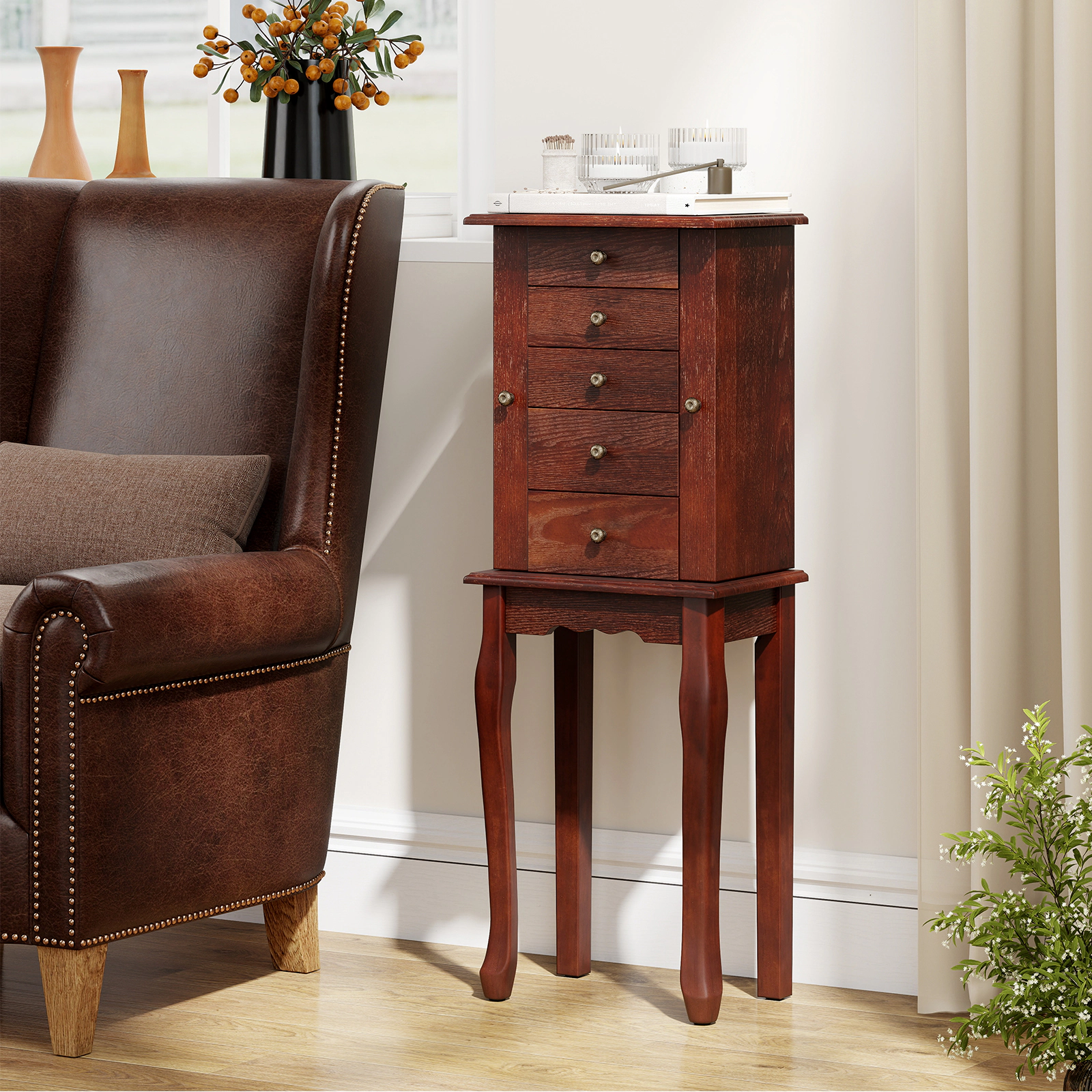 SUGIFT Standing Jewelry Armoire Cabinet with Mirror and 5 Drawers 34-in Tall 2-Compartment MDF Storage Brown