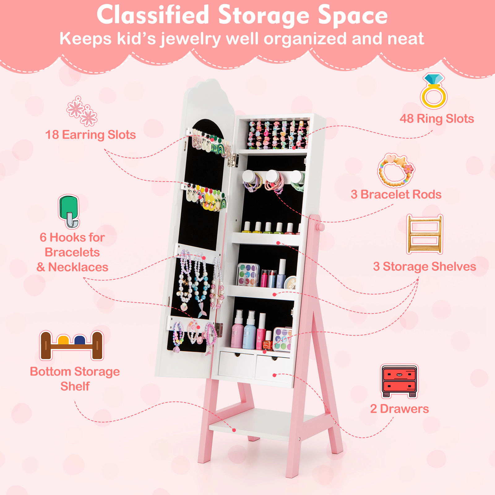 SUGIFT Kids Jewelry Organizer with Full-Length 26 x 7.5 in Mirror Cabinet Drawers and Storage Shelves Pink White